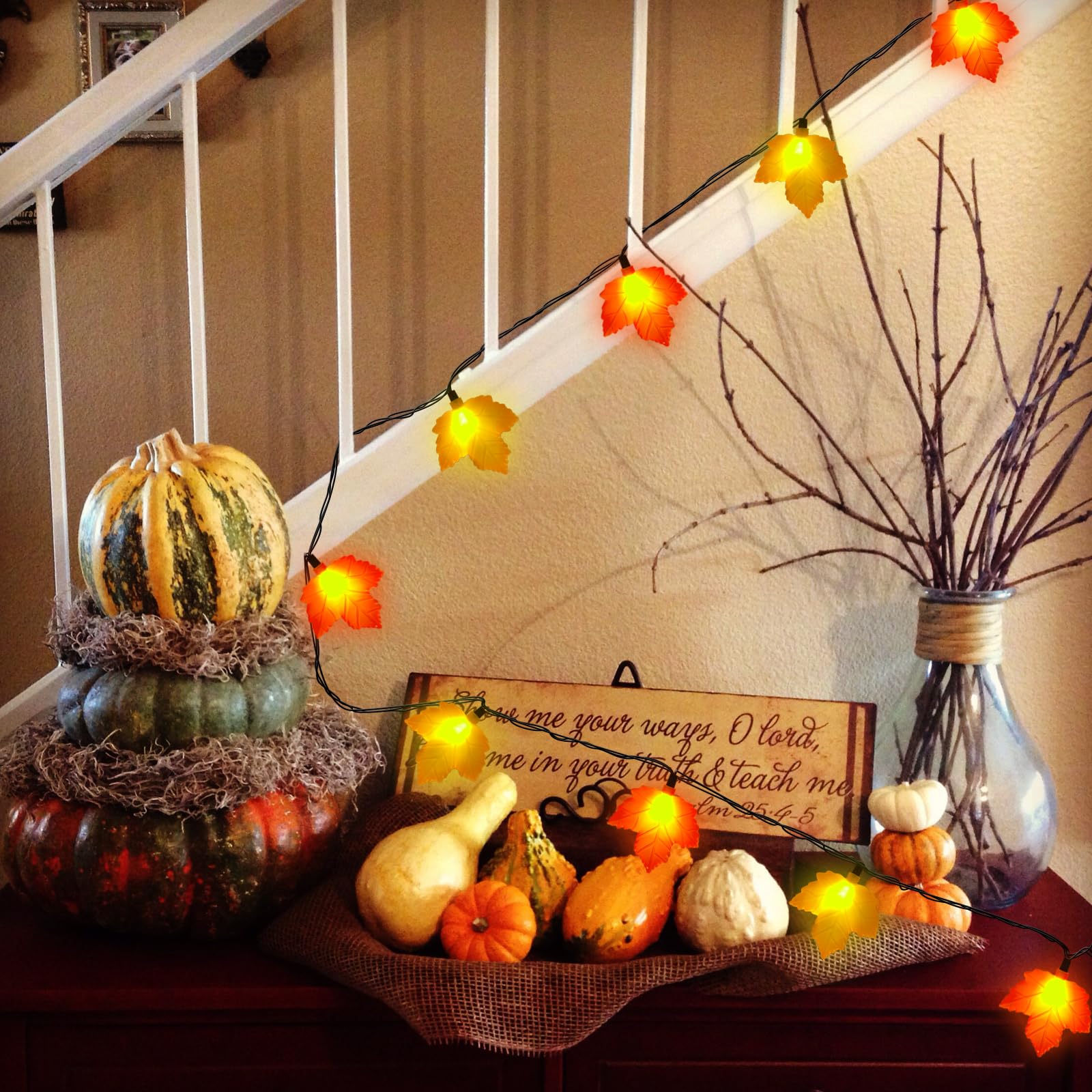 Thanksgiving Lights Indoor, 8.5ft Fall String Lights with 10 3D Orange Yellow Leaf Lights, Thanksgiving Lights Plug in for Home