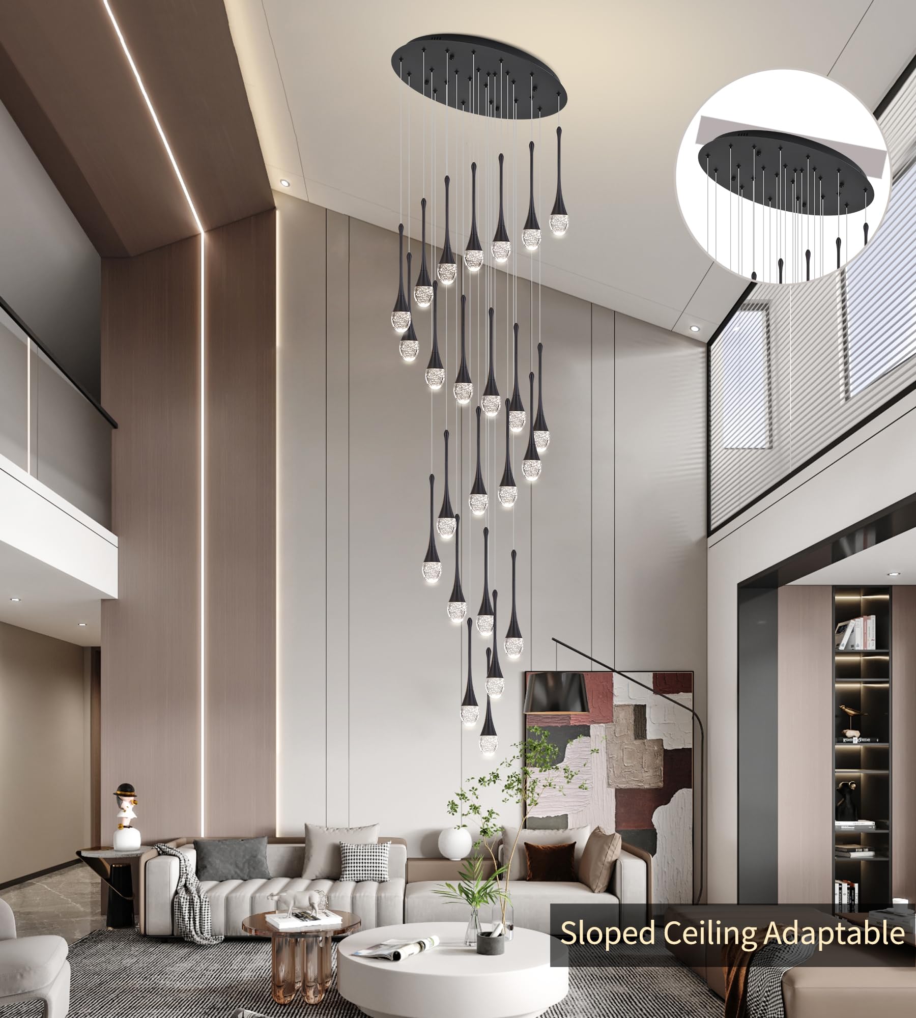 Upfelw Modern Crystal Staircase Chandelier, 24 Lights, Black Metal, H138'' Dimmable LED, Model UCC-B24-0436, Remote Control