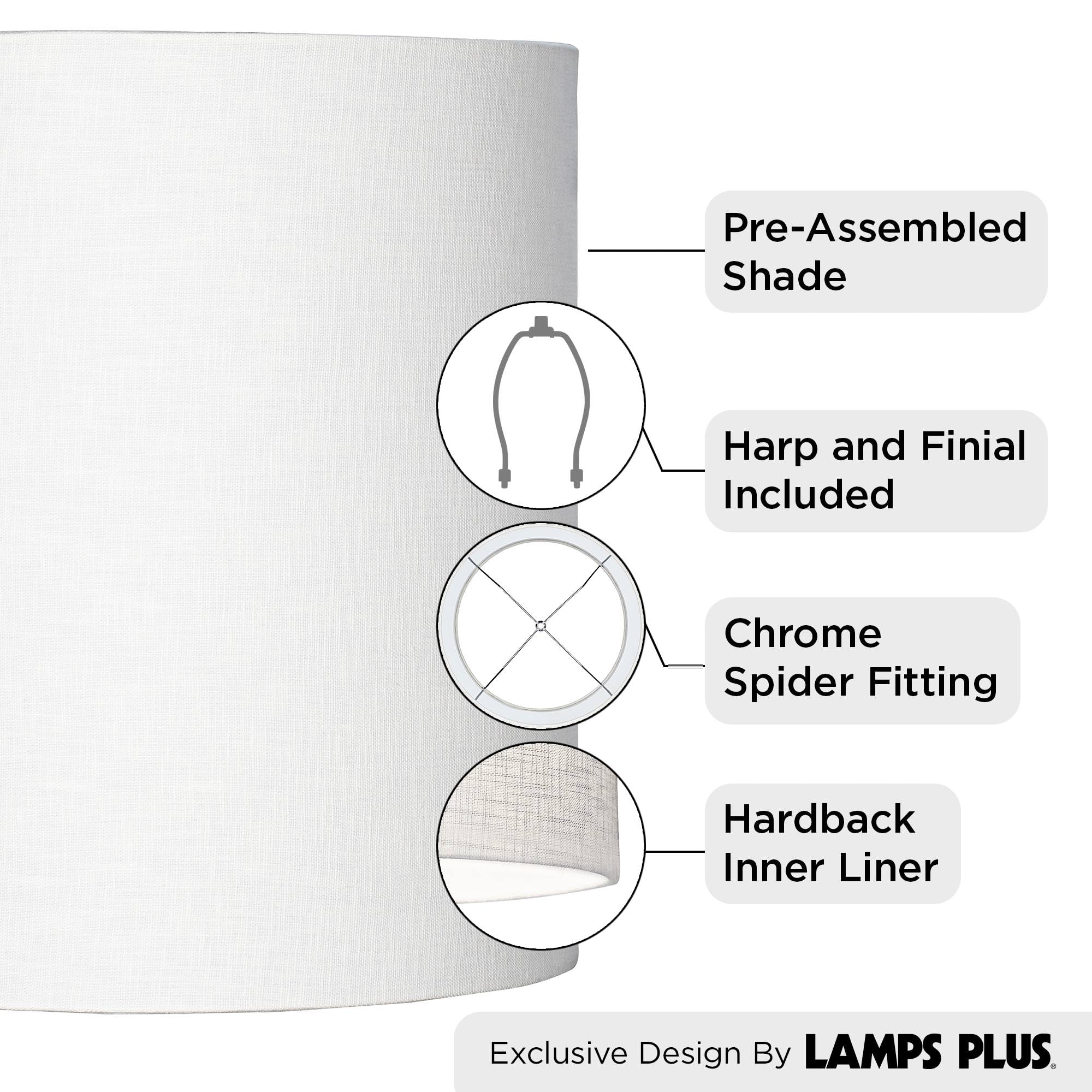 White Tall Linen Medium Drum Lamp Shade 14&quot; Top X 14&quot; Bottom X 15&quot; High (Spider) Fully Assembled Replacement With Harp And Finial For Table Lamps - Springcrest