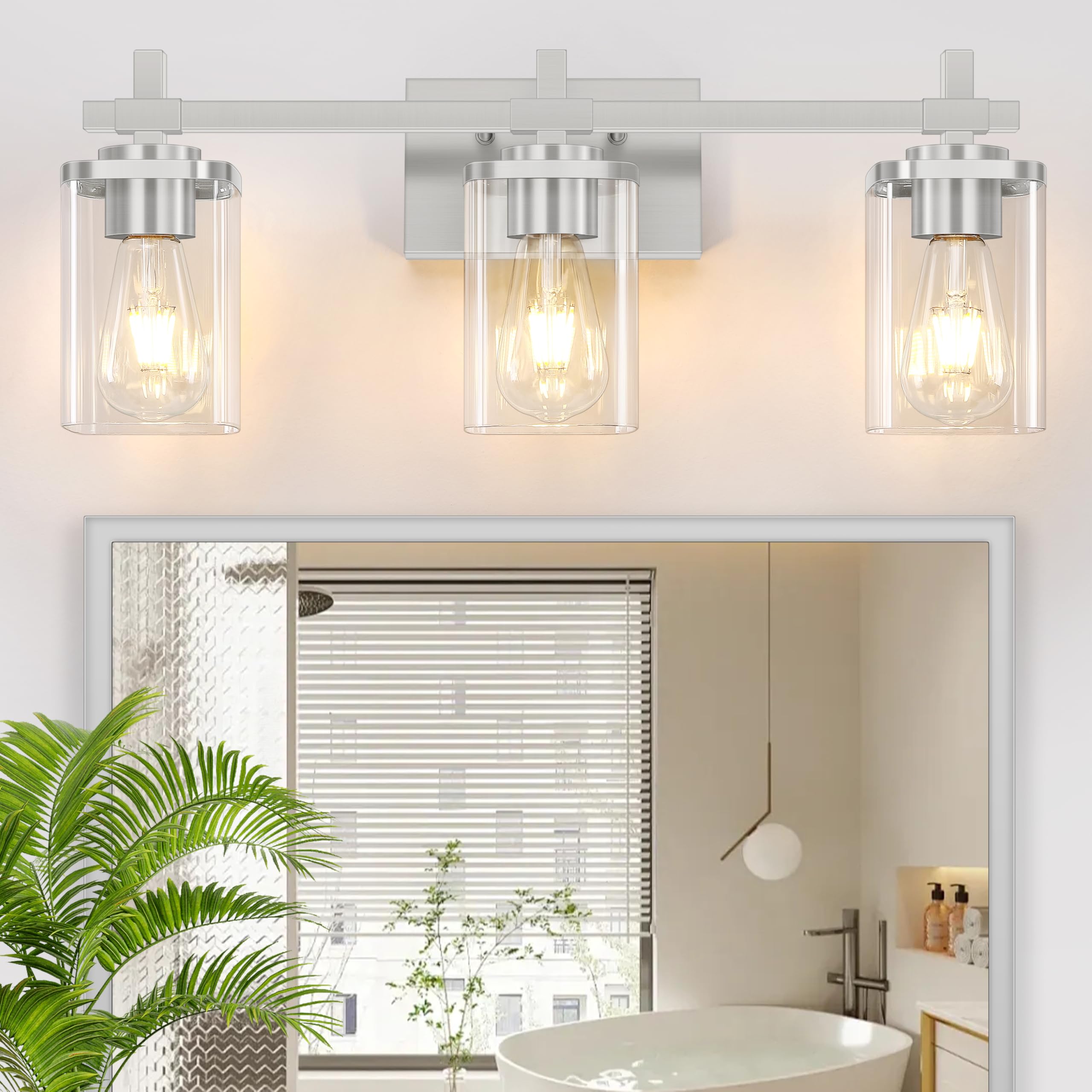 Spiglamm Brushed Nickel Bathroom Light Fixtures, 3-Lights Bathroom Vanity Light With Glass Shades, Modern Vanity Lights For Mirr