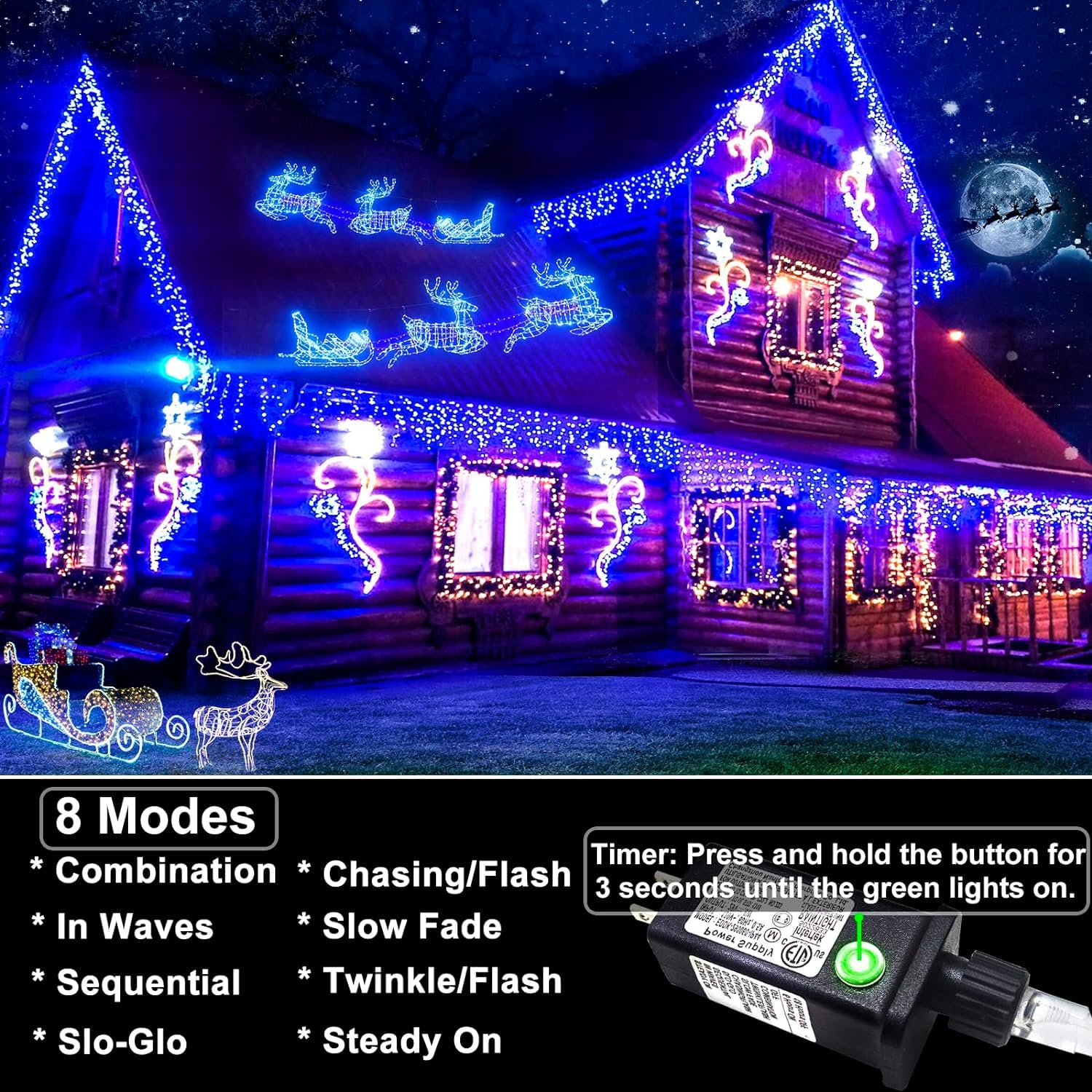 Nielfoi Icicle Lights Outdoor - 66ft 640LED Waterproof String Lights, 120 Drops, 8 Modes, Blue