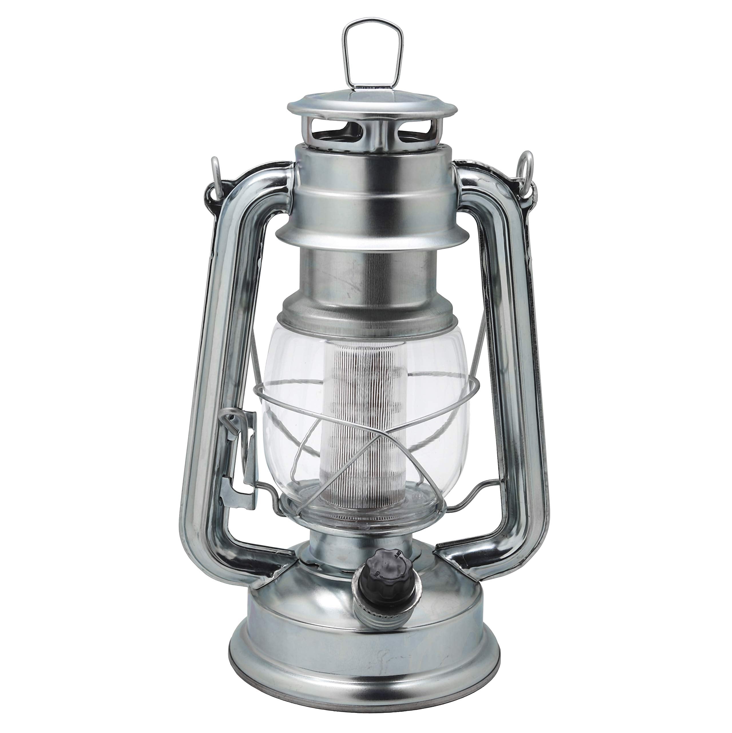 YAKii LED Vintage Lantern - Hanging Hurricane Light, 12 LEDs, Dimmer Switch, Battery Operated, Silver, Model 218446