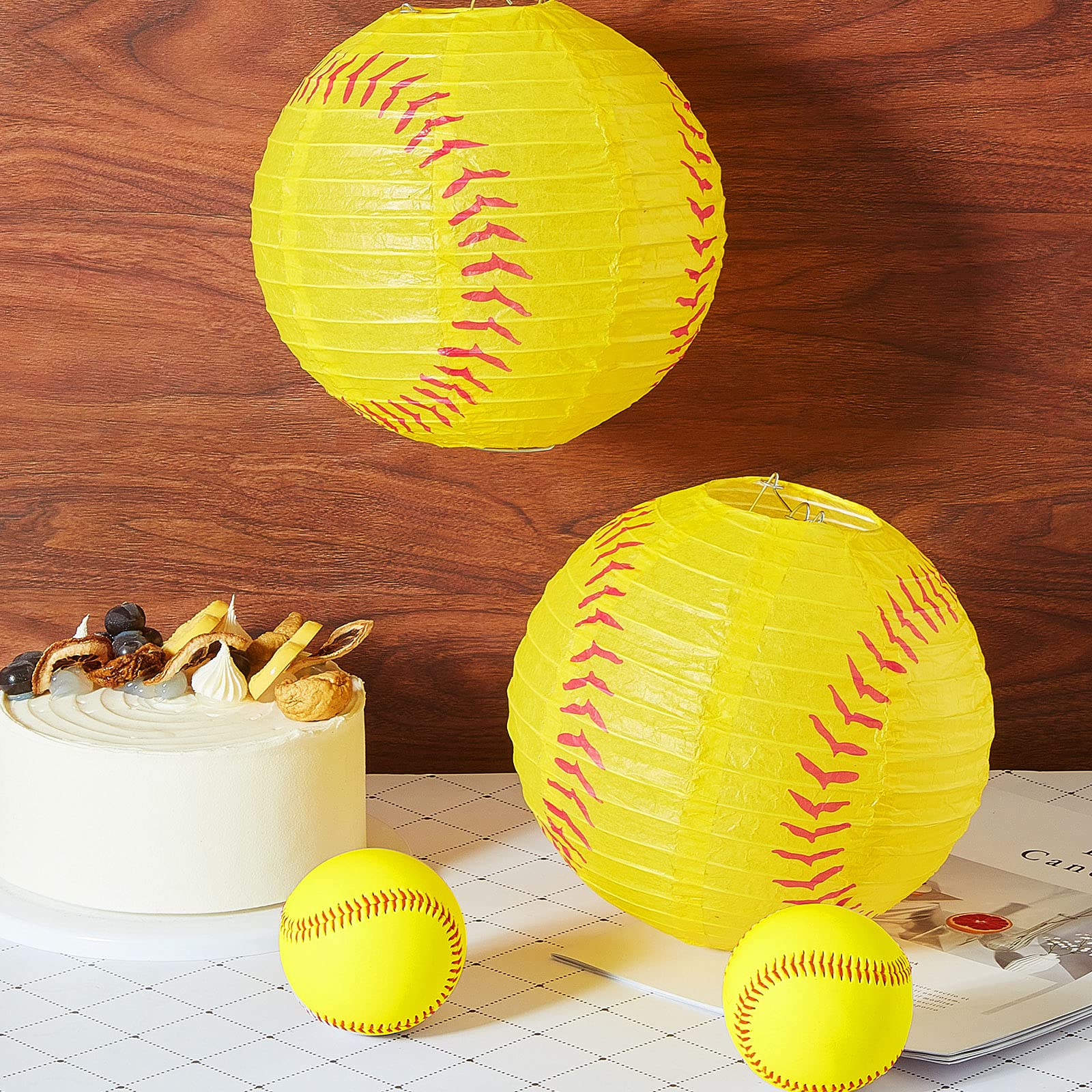 Riakrum Softball Lantern Decorations - 8 Inch Paper Hanging Lanterns - Yellow & Red - Sports Party Decor (Set of 3)