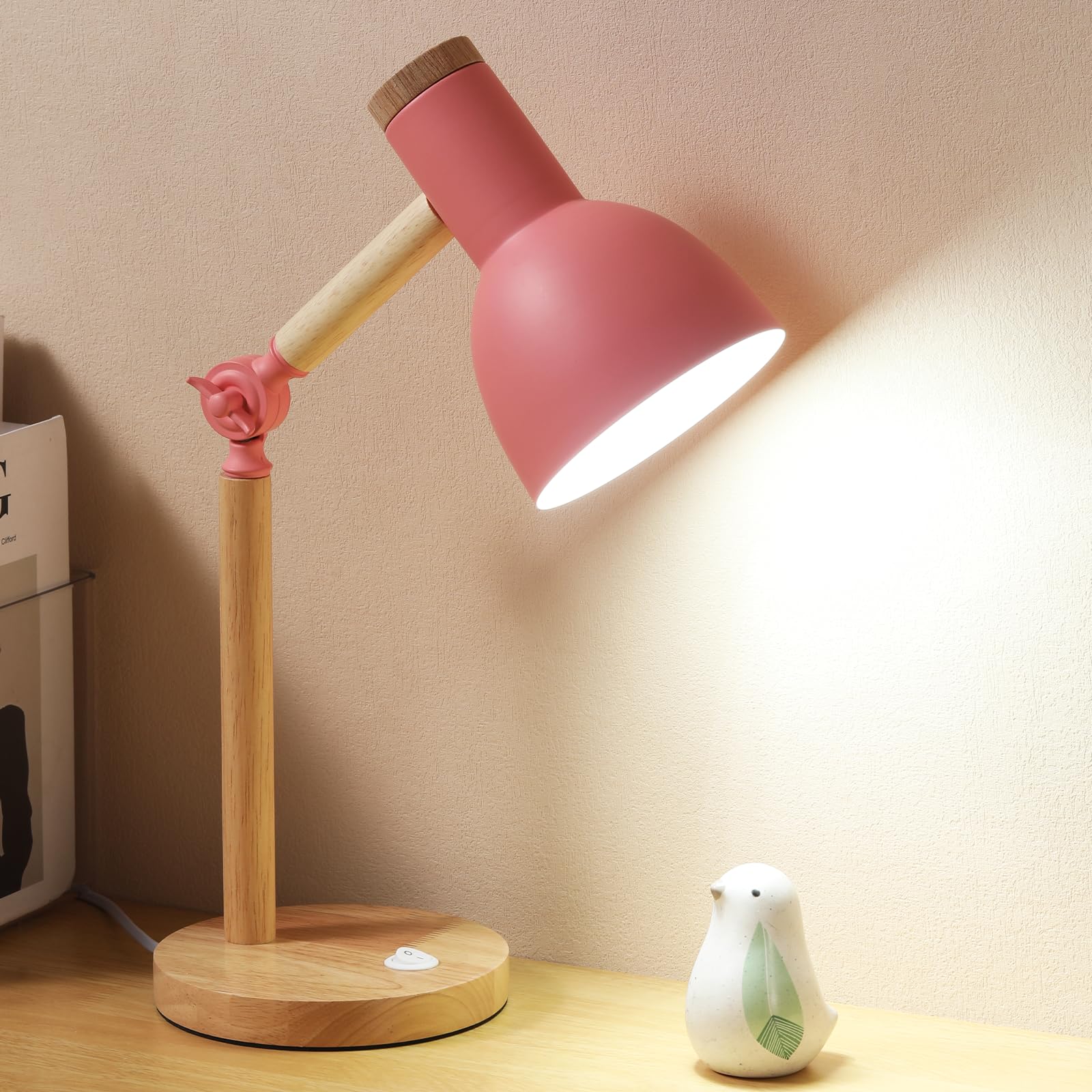 LRXJHHTY Desk Lamp,Wooden Adjustable Tri-Color Table & Bedside Lamp for Office, Living Room, Bedroom & Kids Room (Pink)