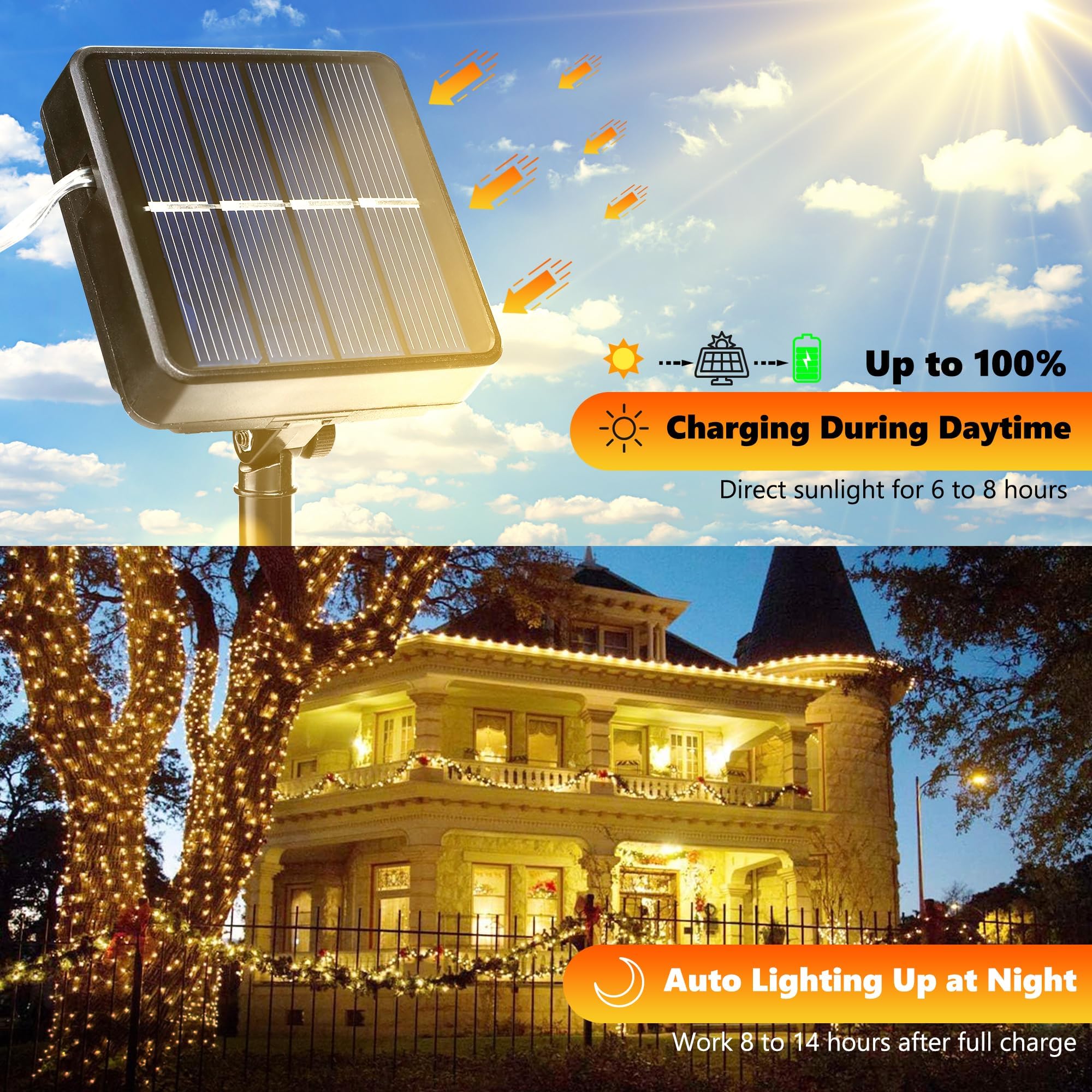 Joomer Solar Fairy Lights 320LED 104FT Waterproof 8 Modes Outdoor Decoration Warm White SSM0080-S-2V