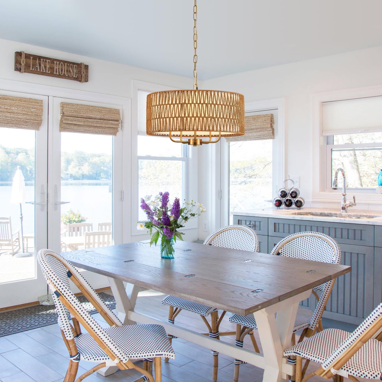 Yomecoo Boho Hand-Woven Rattan Chandelier With Linen Vintage Farmhouse Bamboo Gold Drum Chandelier Light Fixture Modern Wicker R