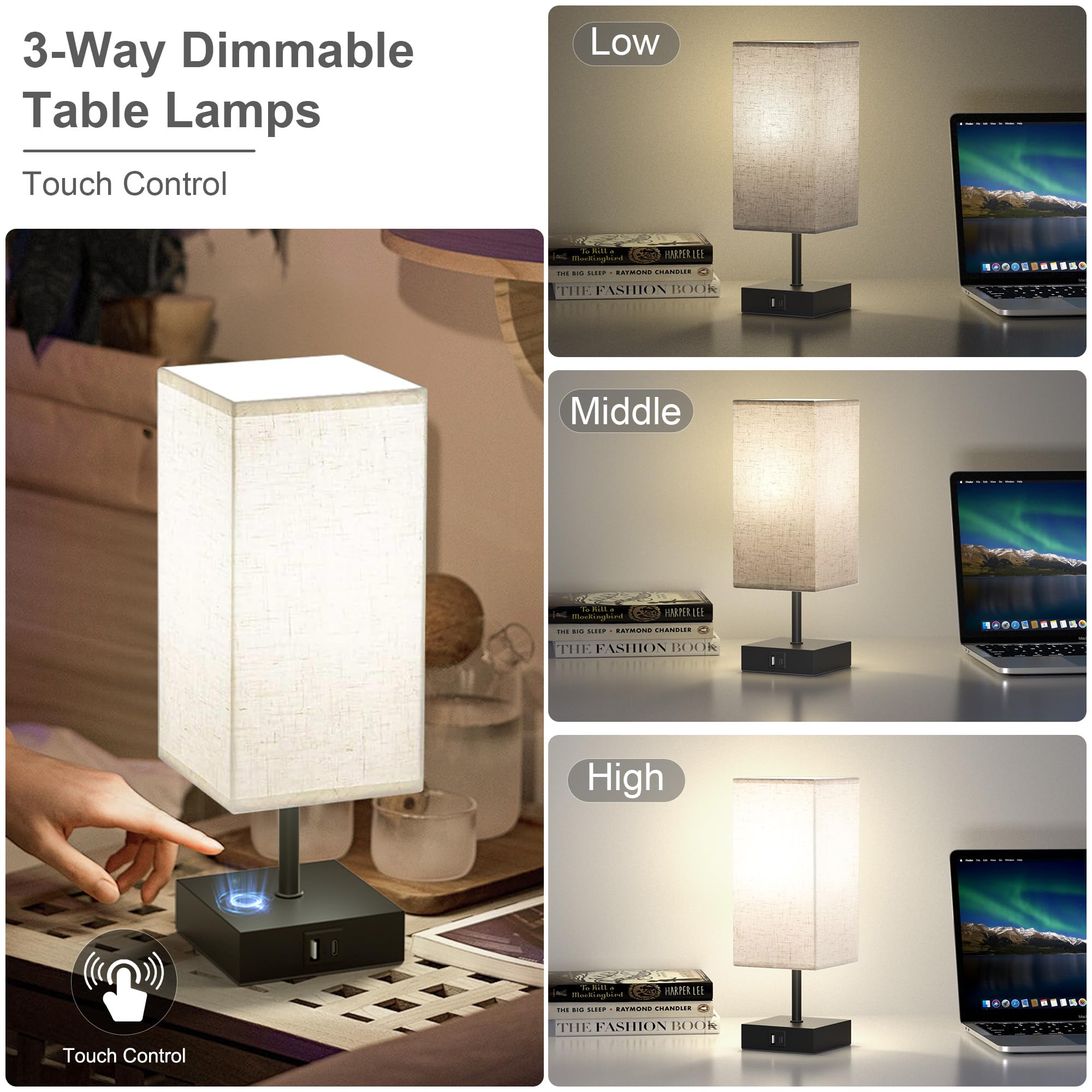 Hansang Table Lamps, Touch Lamp With Usb A Usb C Charging Port 3 Way Touch 5000K Led Bulb,Touch Lamps For Bedrooms, Reading Room