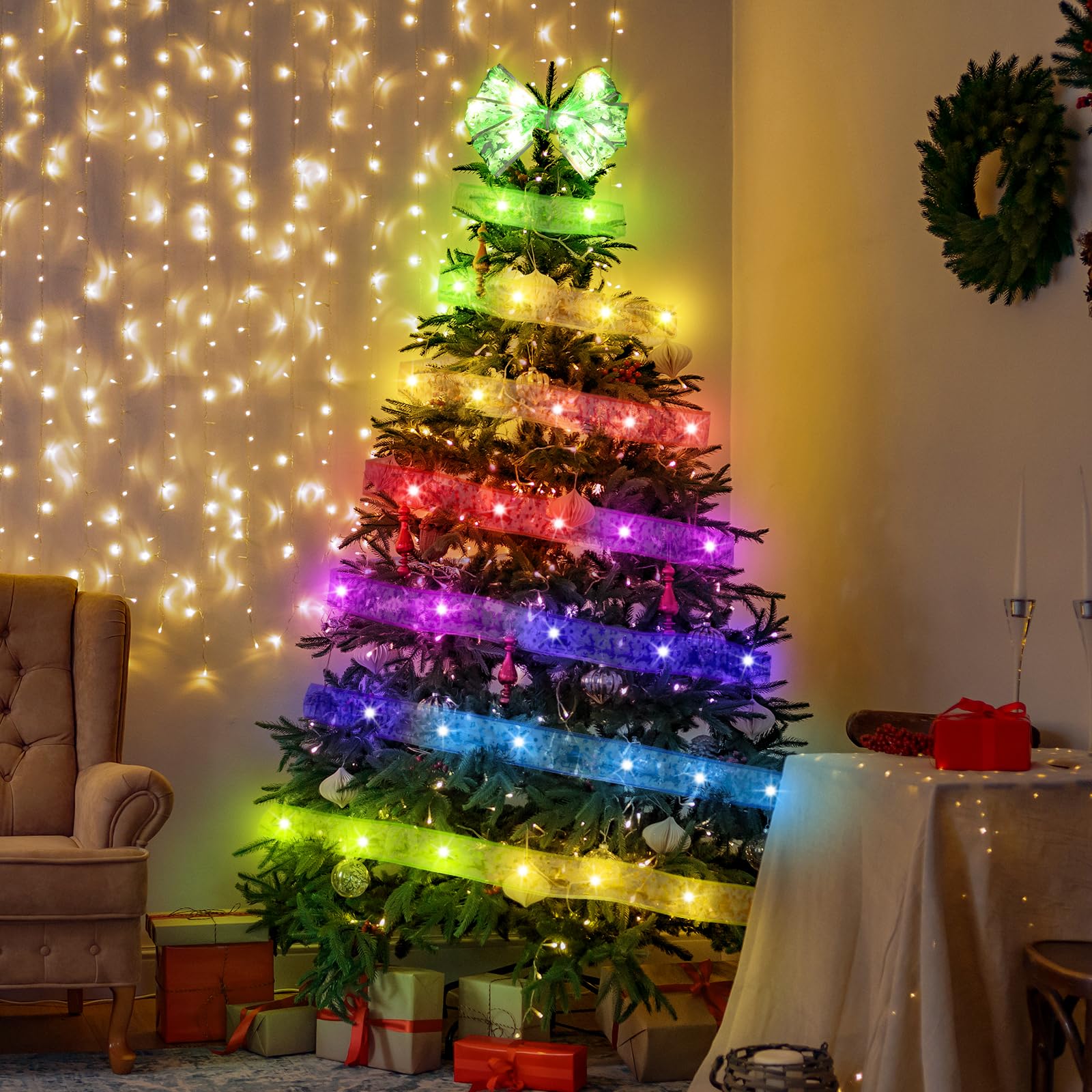 KPROE Christmas Tree Decorations, 64Ft 200 LED Christmas Tree 16- Color Changing Ribbon Lights with 8 Lighting Modes, Battery Op