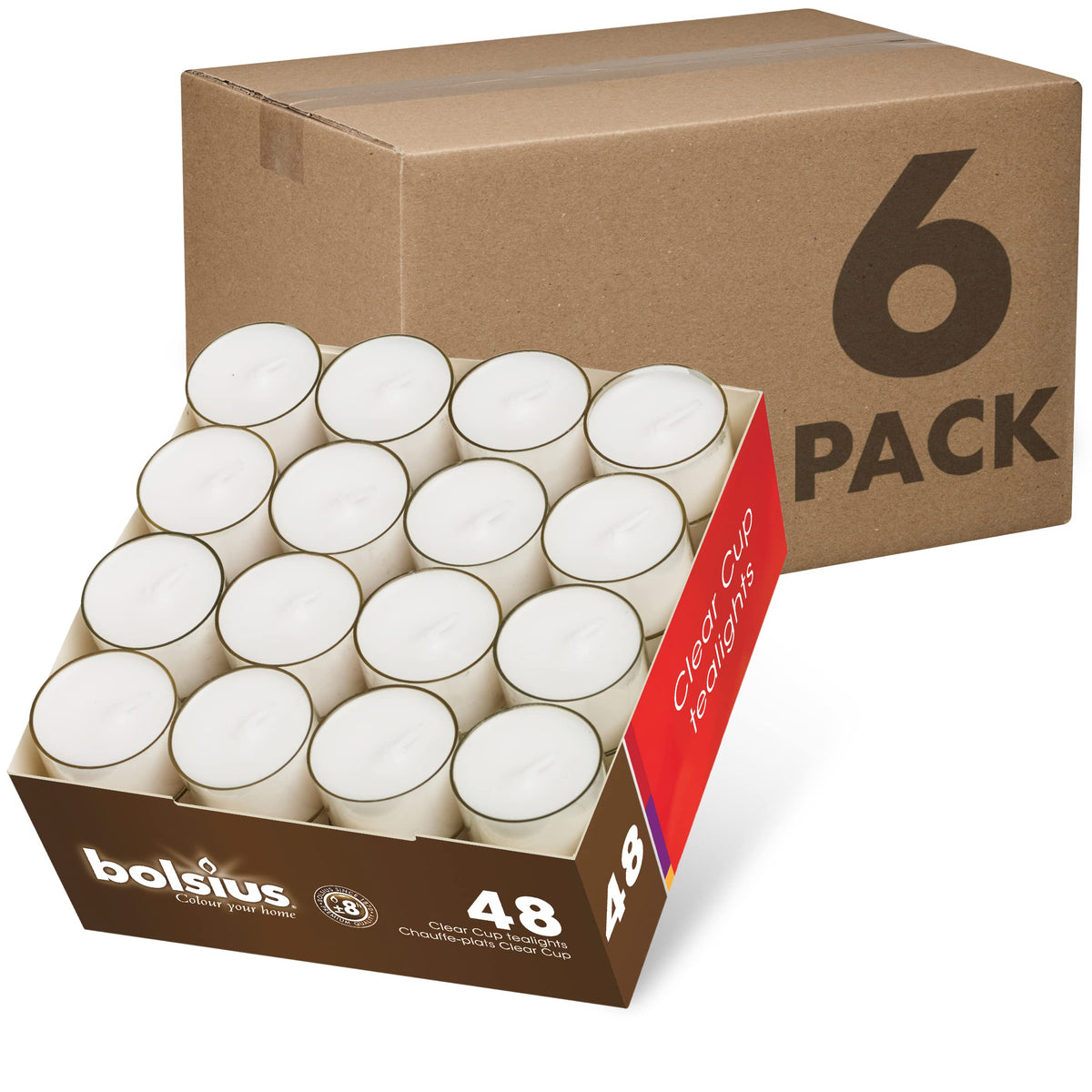 Bolsius Tea Light Candles In Clear Cups - Bulk Case Of 6 Packs = Total 288 Candles - 8 Hours - Premium European Quality - Consistent Smokeless Flame - Unscented Tealights