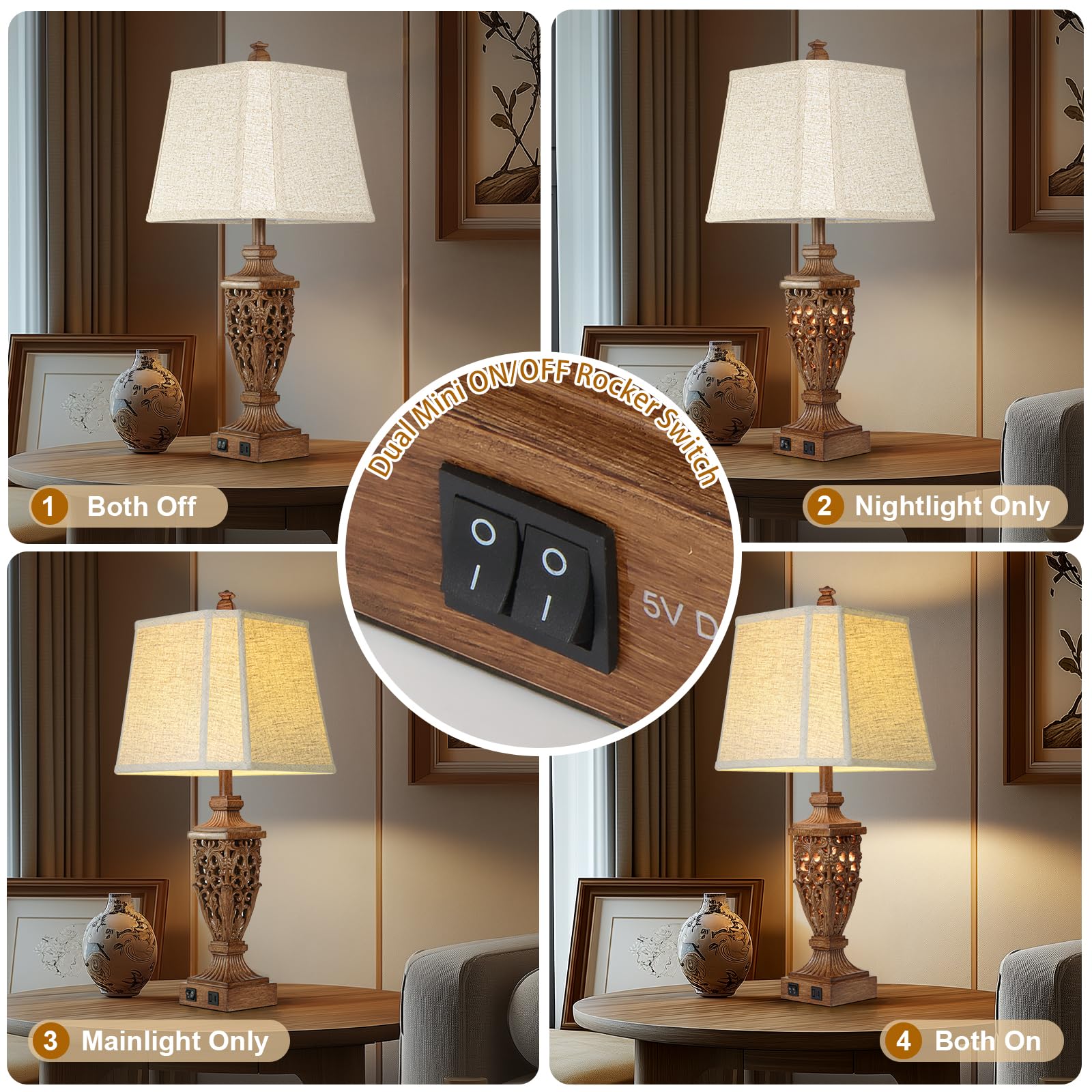 28.5'' Vintage Brown Table Lamps Set Of 2 With Night Light,Lamps For Living Room With Beige Linen Cut Corner Shade,Nightstands L