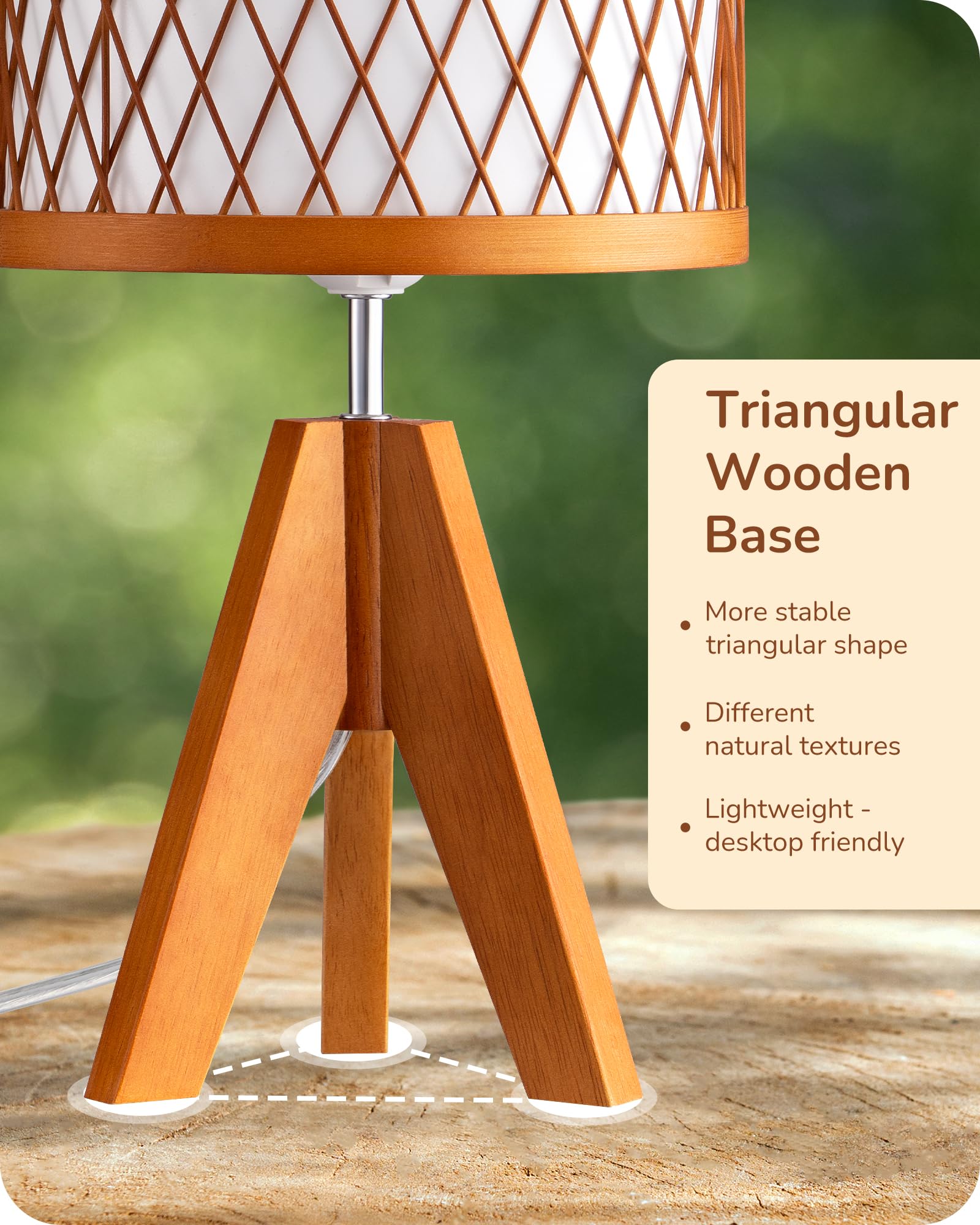 Edishine Small Table Lamp, 14.17'' Wood Tripod Bedside Lamp With Bamboo Lampshade & Pvc Shade, On-Off Switch & E26 Base, Boho Ni