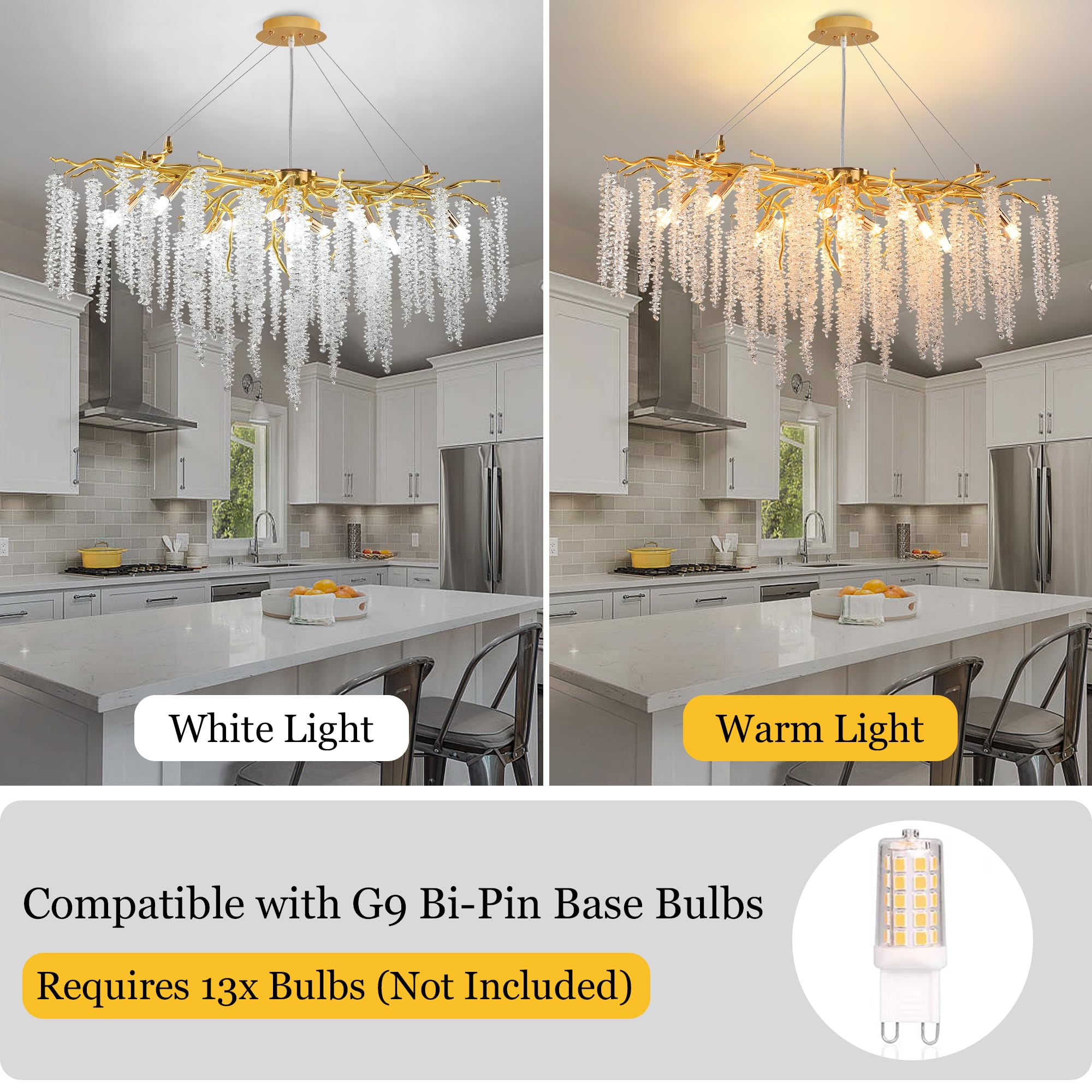 Upfelw Modern Crystal Chandelier, Gold 13-Light Pendant Fixture, 40'' for Dining Room, Kitchen, Living Room, UBC-G13-0426