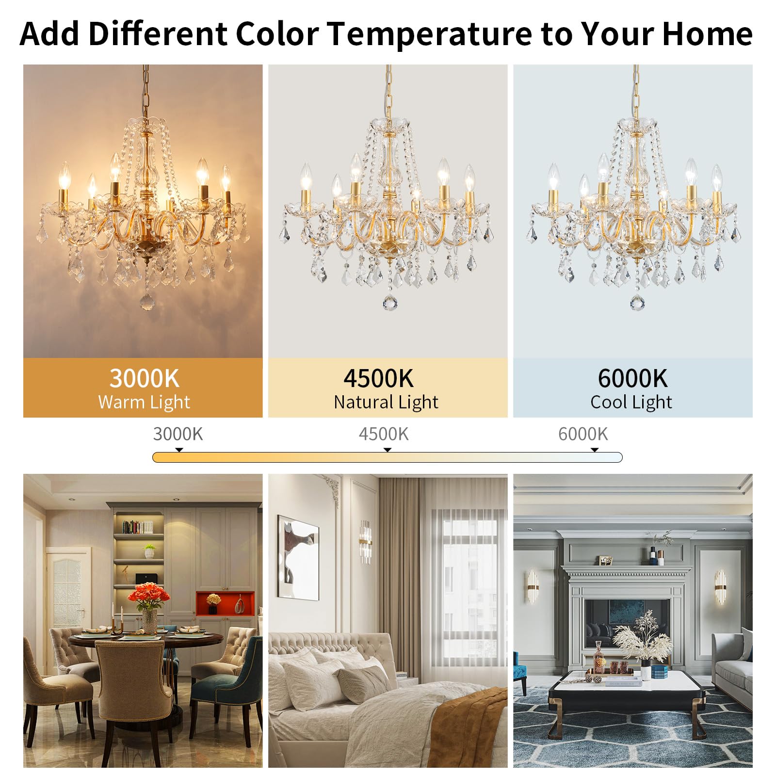 Crystal Chandelier Light Fixture, Modern K9 Crystal Chandeliers For Dining Room, 6-Lights Gold Ceiling Light, Adjustable Hanging