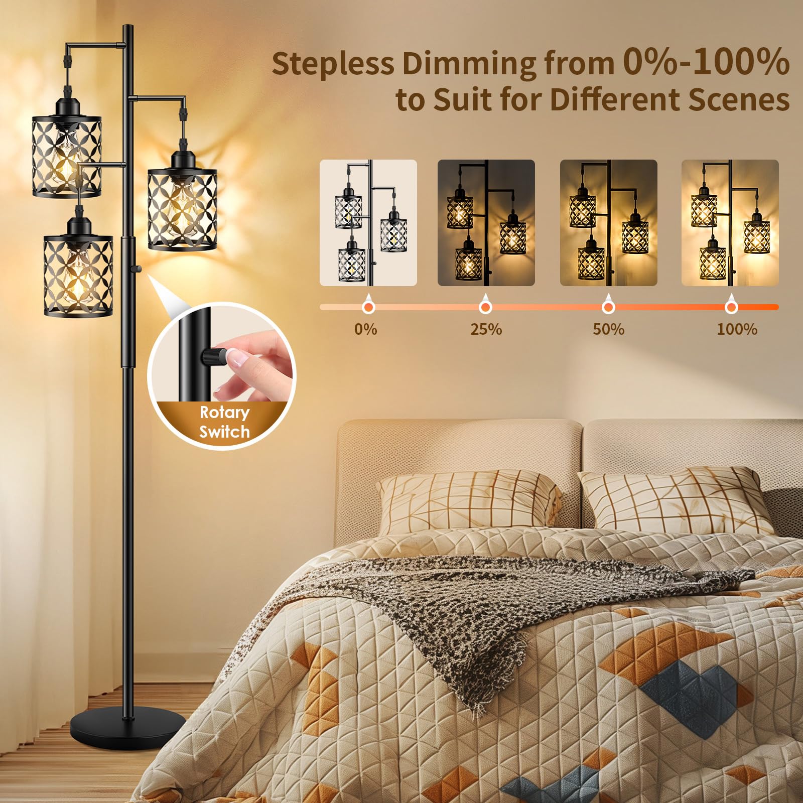GHOOCEMLUX 68" Dimmable Floor Lamp, Industrial Metal Cage Design, Black - GH-001, LED Bulbs Included