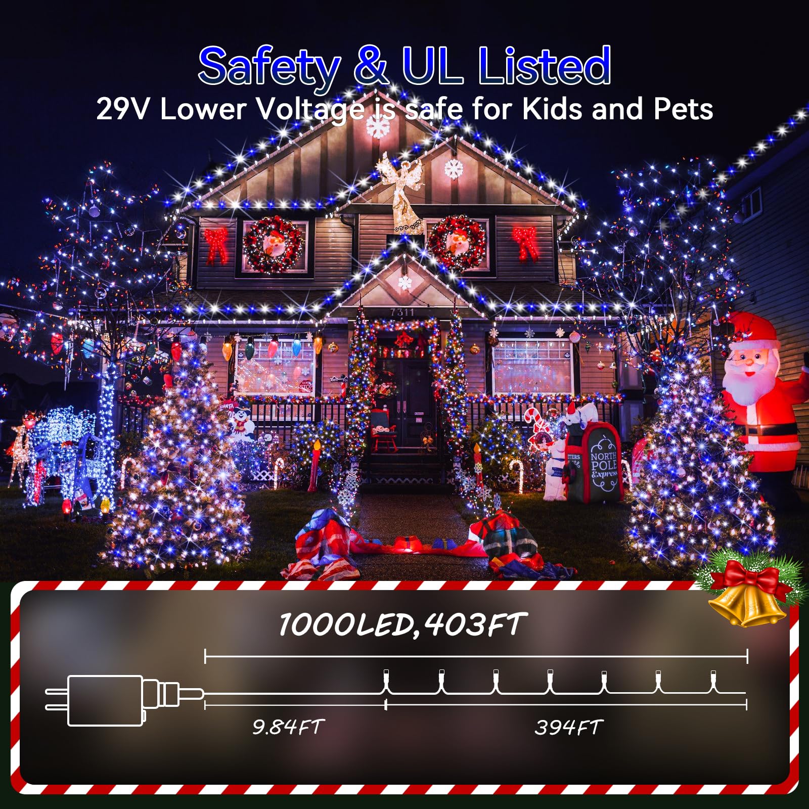 Hezbjiti 2 Pack LED Christmas String Lights, 1000 LED 403FT, IP44 Waterproof, Dimmable, Blue+White, Clear Wire, Model HB01-MNO100