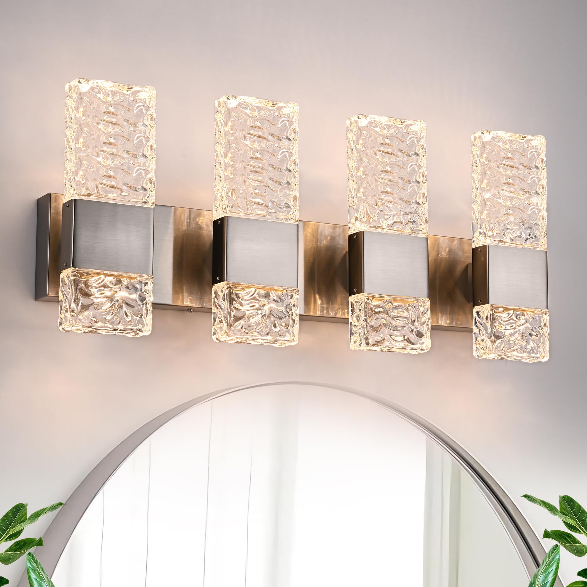 VINLUZ LED 32W 4 Light Vanity Wall Lighting in Brushed Nickel Finish  Indoor Bathroom Lighting with Crystal Lampshade Wall Mounted Lights Fixtures for Modern Bathroom Decor