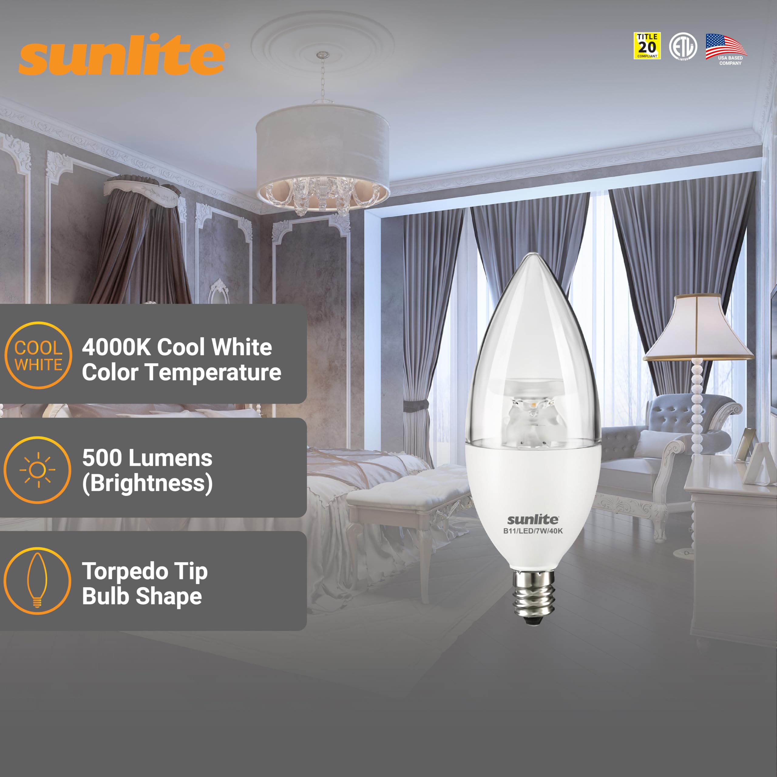 Sunlite LED B13 Chandelier Bulb, 7W (60W), 500 Lumens, Dimmable, E12 Base, 4000K Cool White, 6 Pack,