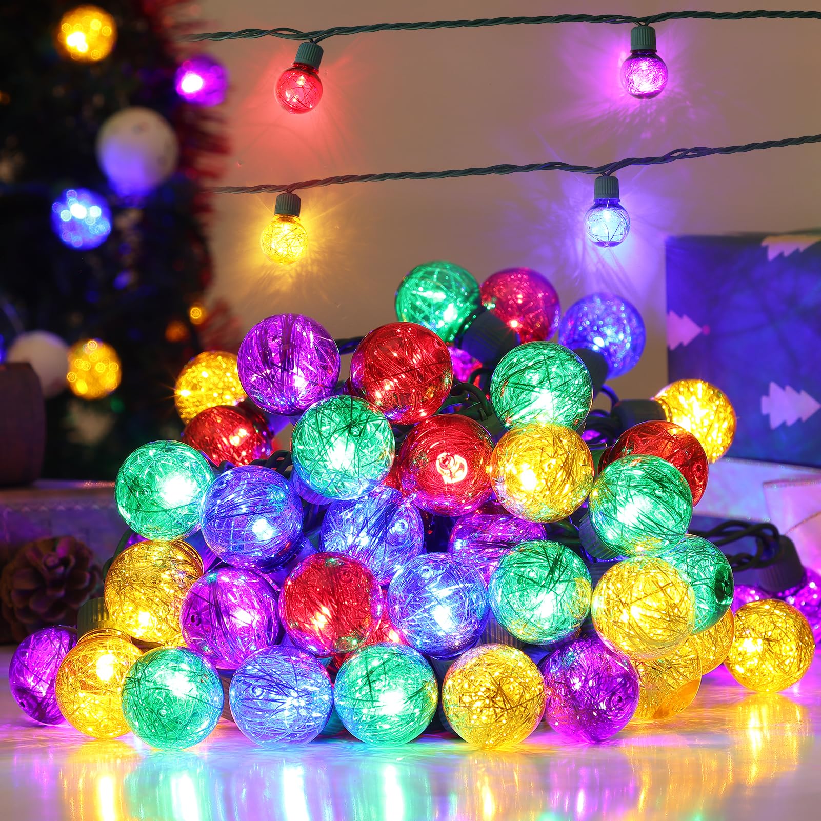 Christmas Round Tinsel Globe Lights-Multicolored G30 Christmas Lights String, 25 LED 17FT Shiny Tinsel Globe Christmas Tree Ligh