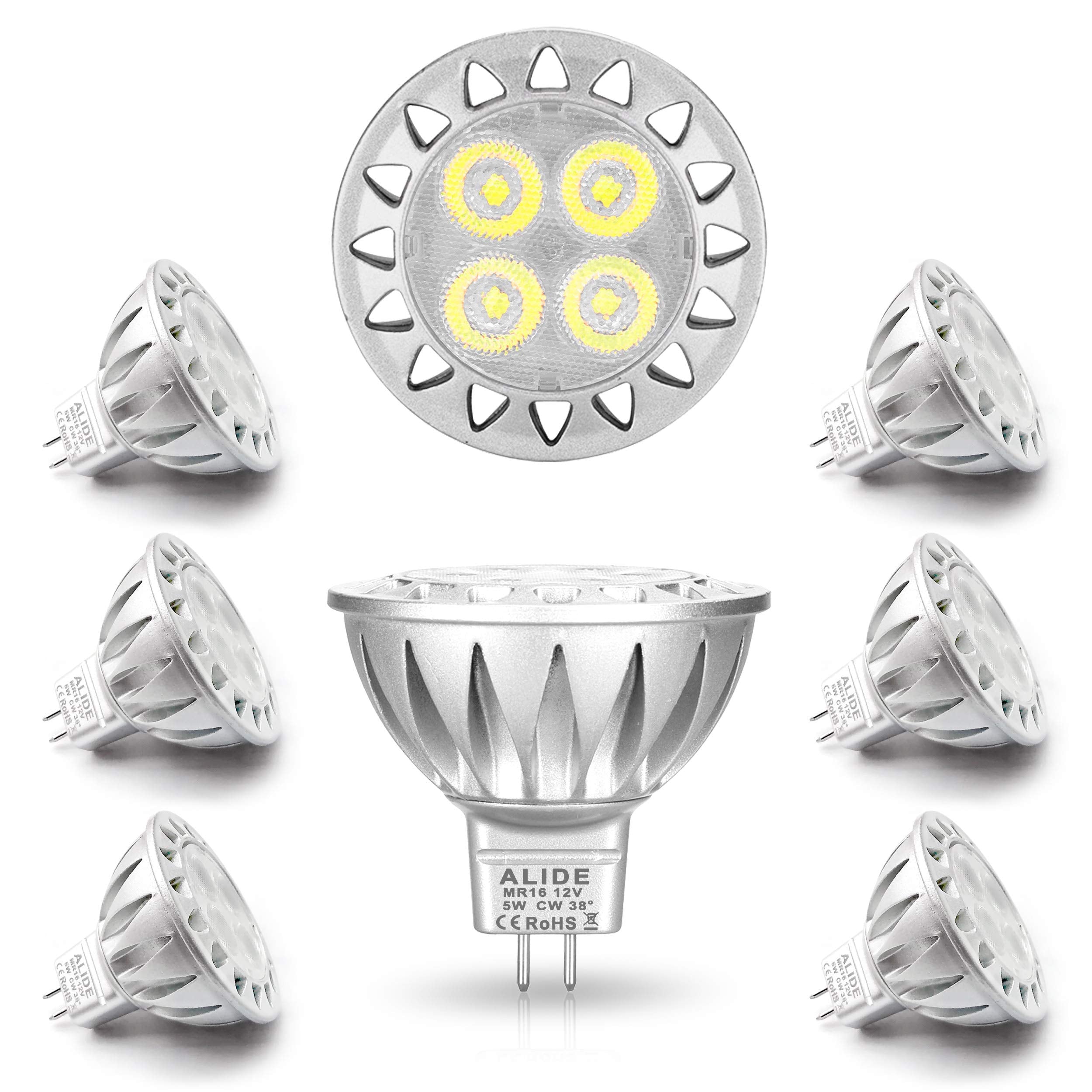 ALIDE MR16 LED Bulbs 5W 6000K Daylight White 450lm 6 Pack GU5.3 Low Voltage Not Dimmable