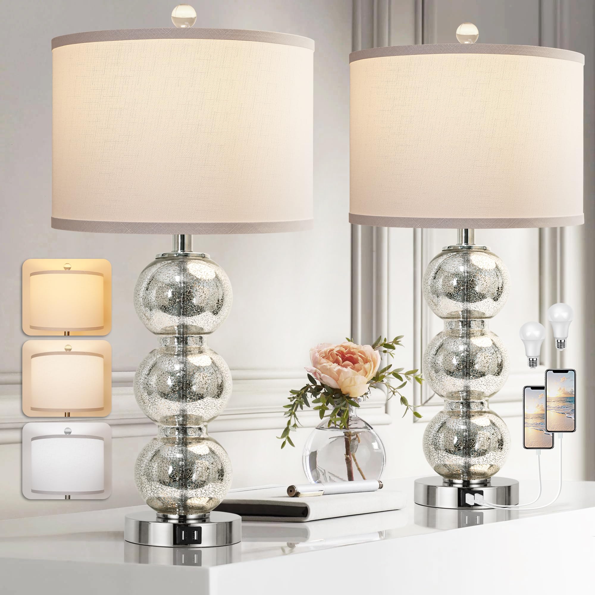 Set of 2 Table Lamps for Living Room Glass Triple-Sphere 27 Tall Table Lamp Contemporary Bedside Desk Nightstand Lamp for Bedroo