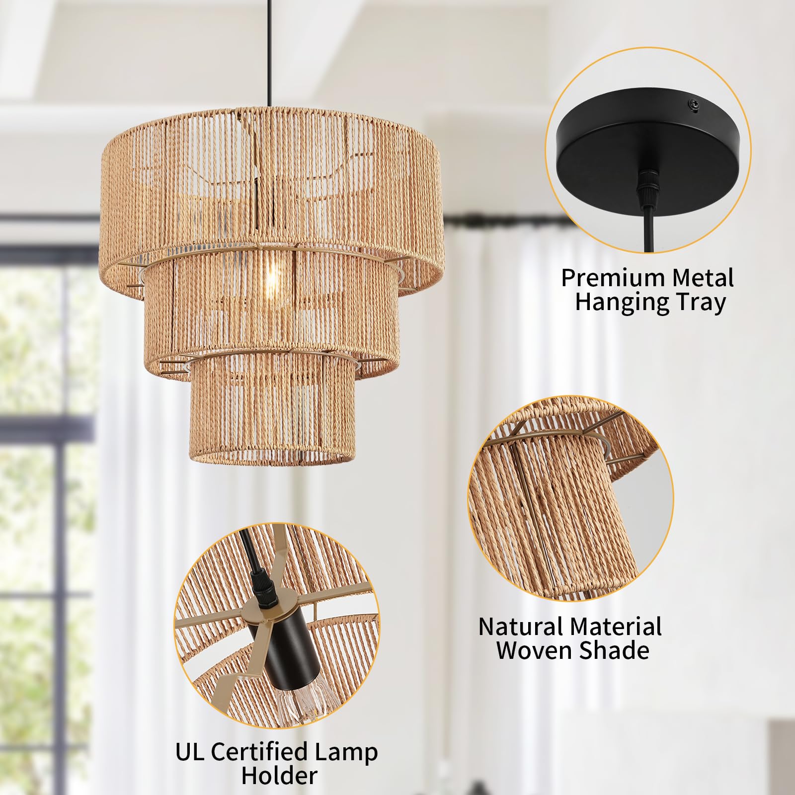 Foucasal Boho 3-Tier Rattan Pendant Light Chandelier For Kitchen & Dining Room, Brown