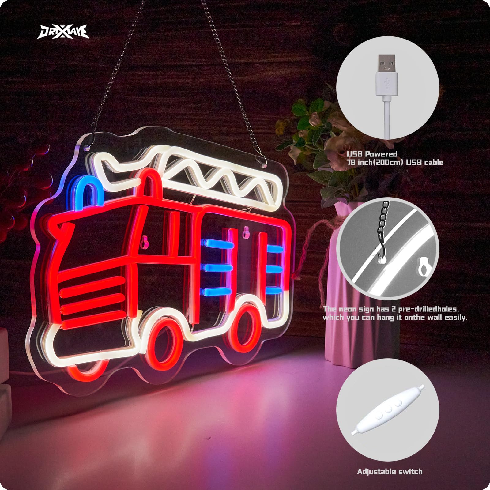 ORIXIAYE Fire Fighting Truck Neon Sign - 10x14.7 inches, Red & White, Wall Decor for Kids, Birthday Gifts for Boys