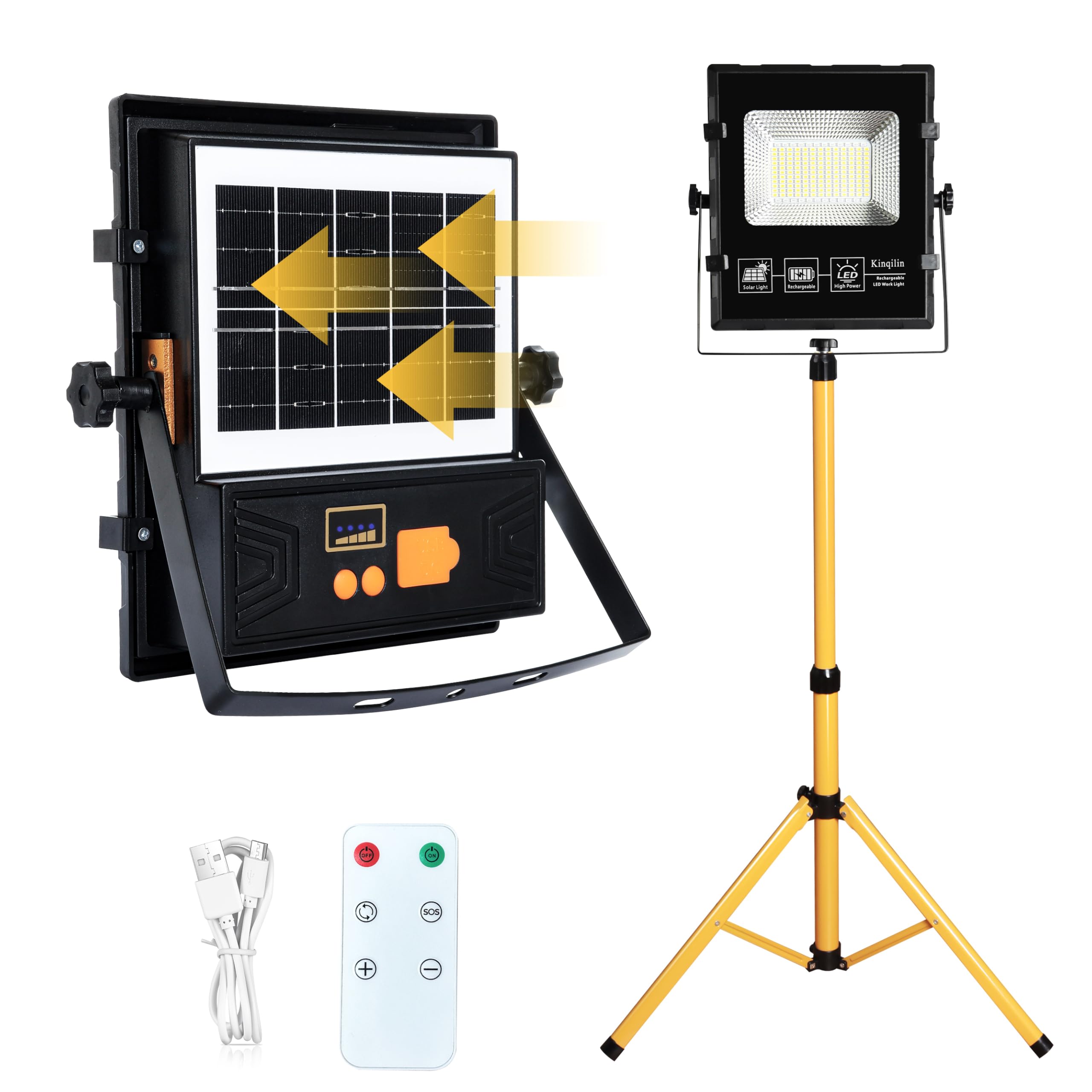 Solar Powered Work Light with 120H Runtime & Remote Control, Led Work Light with Stand LED Flood Light, 360 Adjustable with 5ft 
