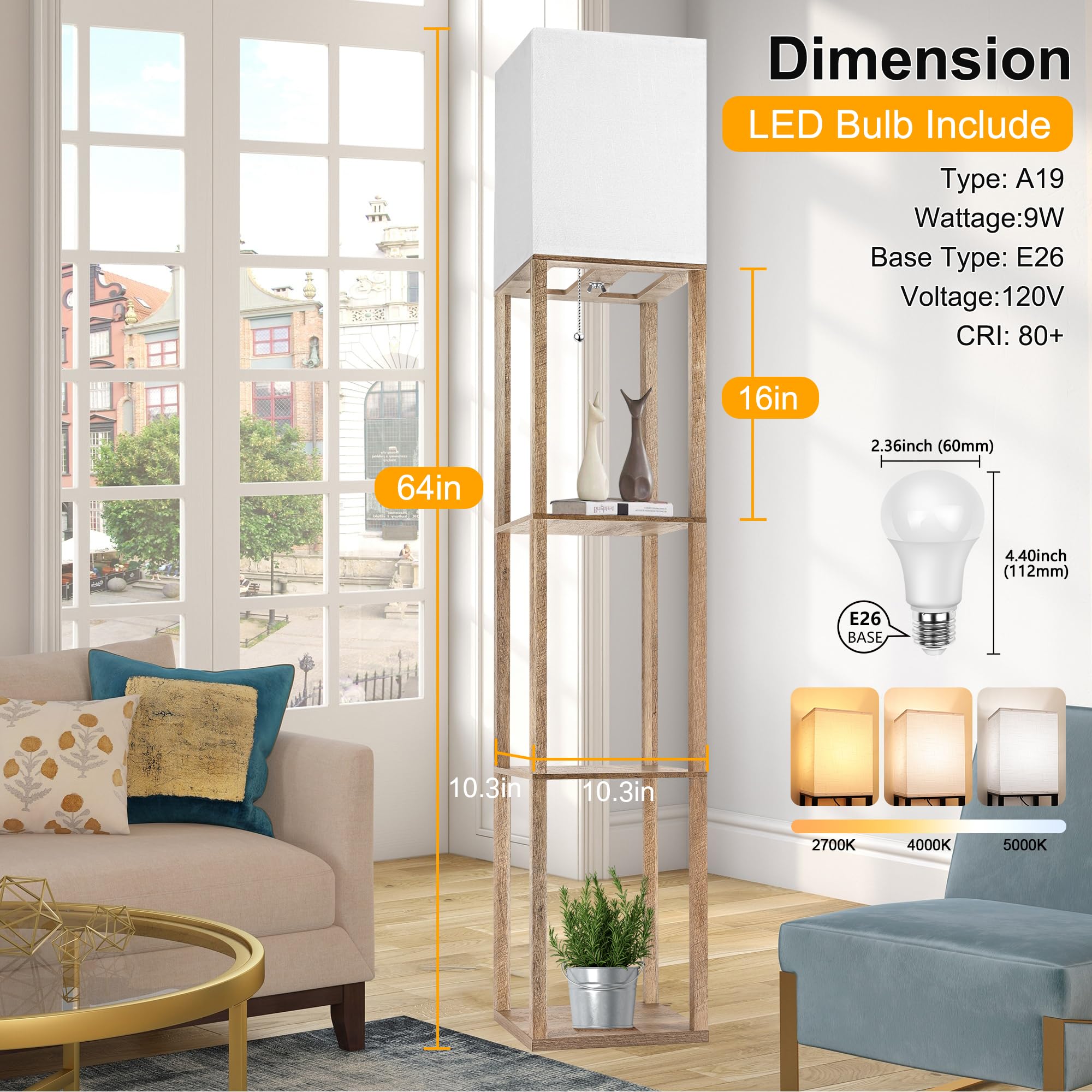 Floor Lamp With Shelves For Living Room Natural Wood, Shelf Floor Lamp With 3 Cct Led Bulb, Corner Display Standing Column Lamp
