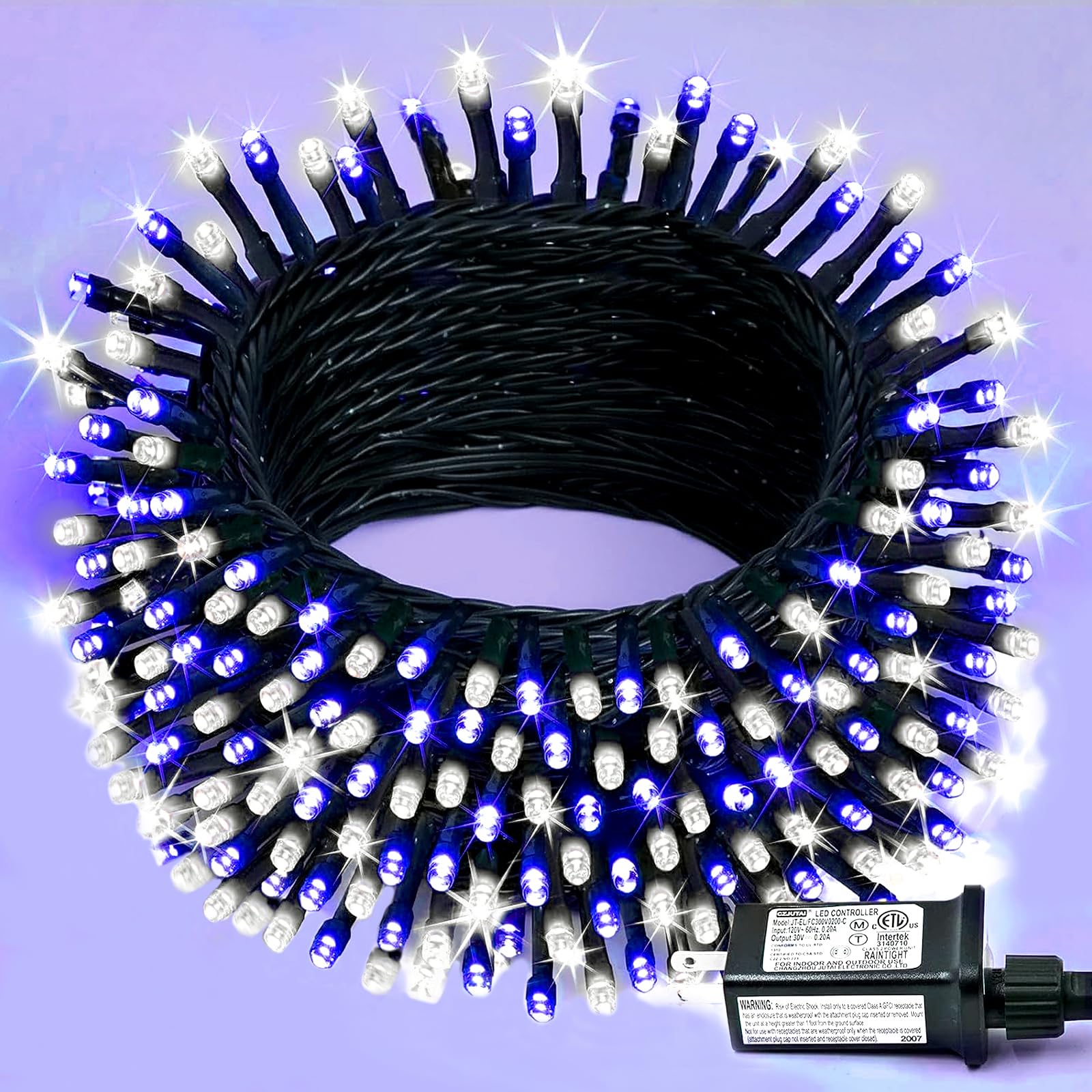 YEGUO 200 LED Christmas Lights, Waterproof Indoor/Outdoor, 66ft Green Wire, Blue and White, 8 Modes, Model JT-EL/FC300V0120-C