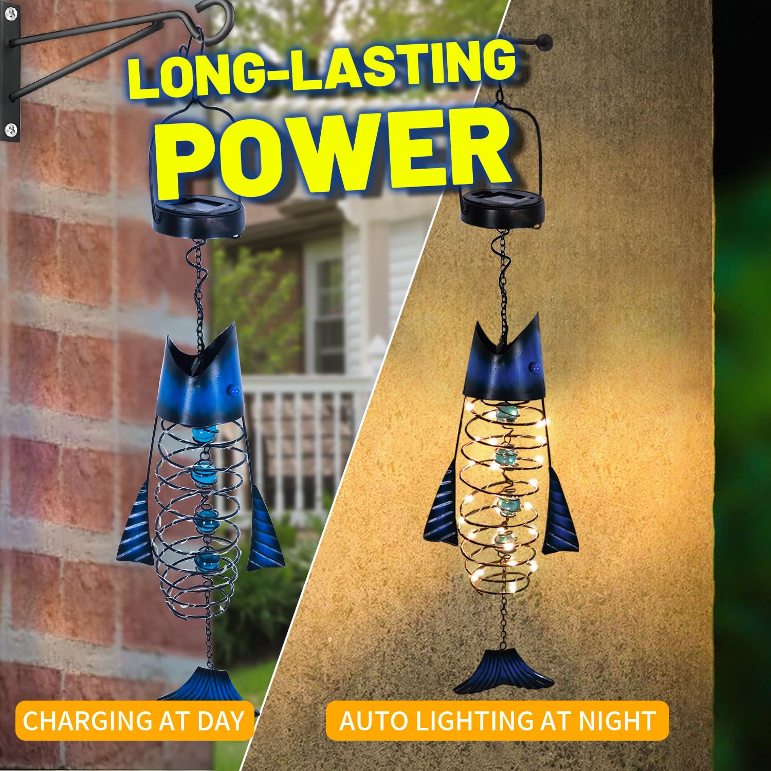 Hongland 2-Pack Solar Lanterns - Waterproof Metal Fish Decor With Warm Led Lights For Garden