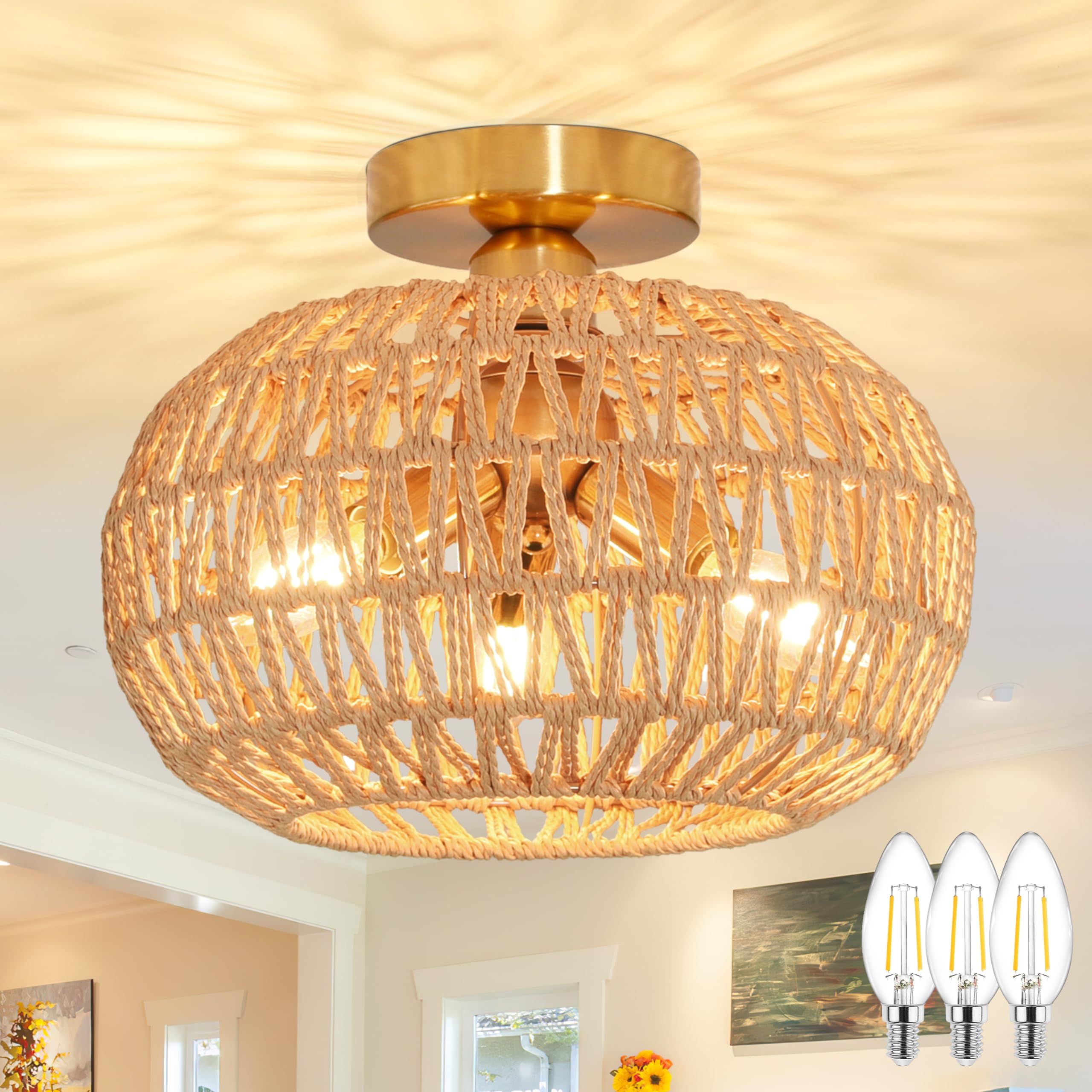 Ayshwilldec 11.8'' Rattan Light Fixture 3-Lights Boho Semi Flush Mount Ceiling Light Rattan Close To Ceiling Light Farmhouse Lig