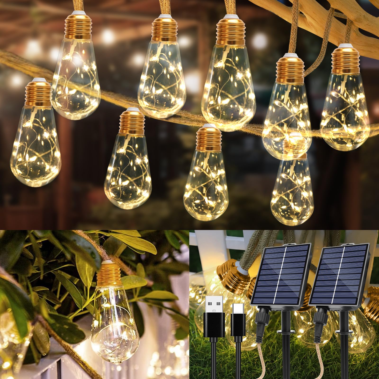 TUODAW Solar String Lights Outdoor 26 Ft Vintage Rope Hemp Solar Patio Lights with 8Modes and Remote Control LED Patio Lights with 16 Bulbs Waterproof (52FT-2PCS)
