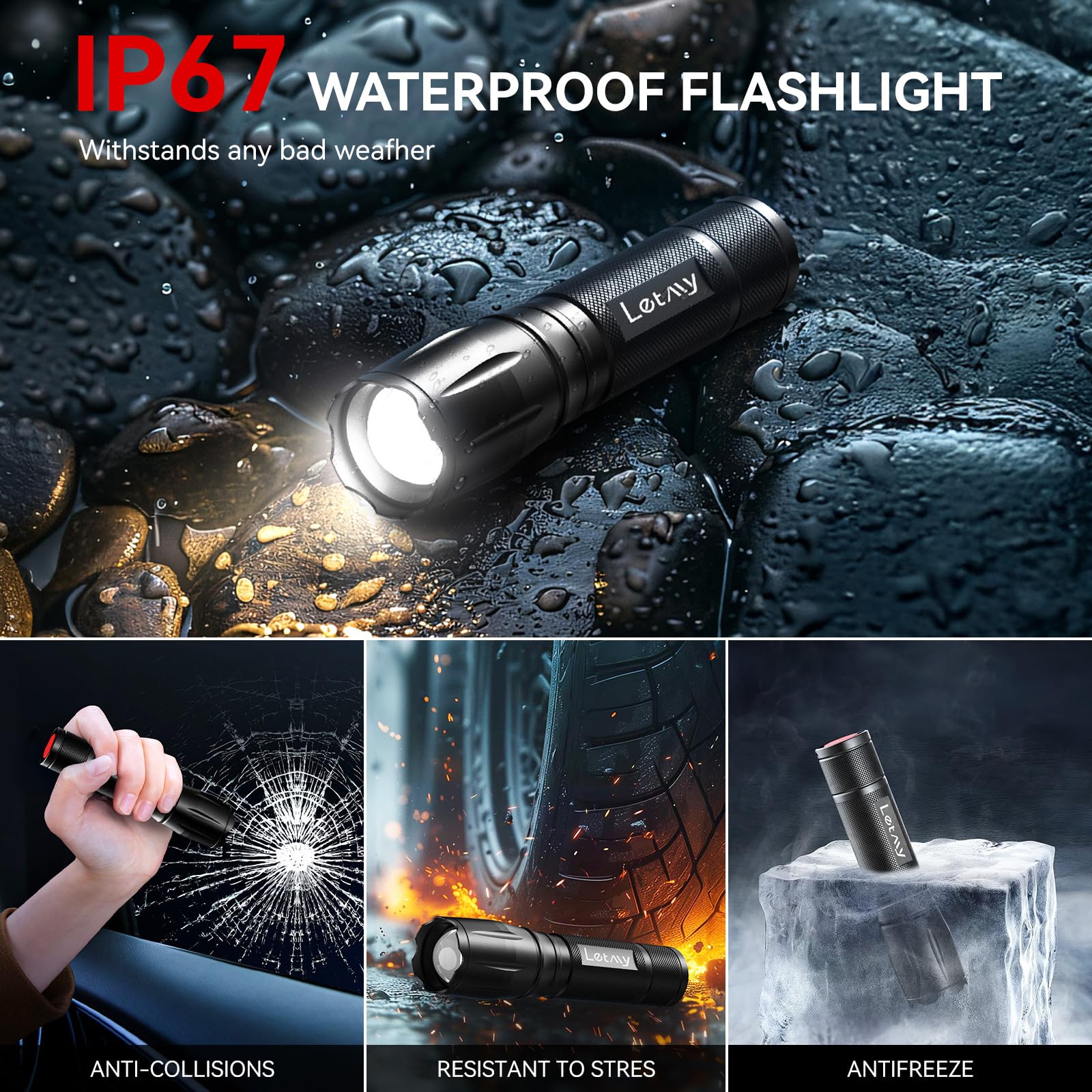 LETMY Tactical Flashlight S2000 - 2 Pack, High Lumens, Waterproof, Zoomable, Anodized Aluminum, Black