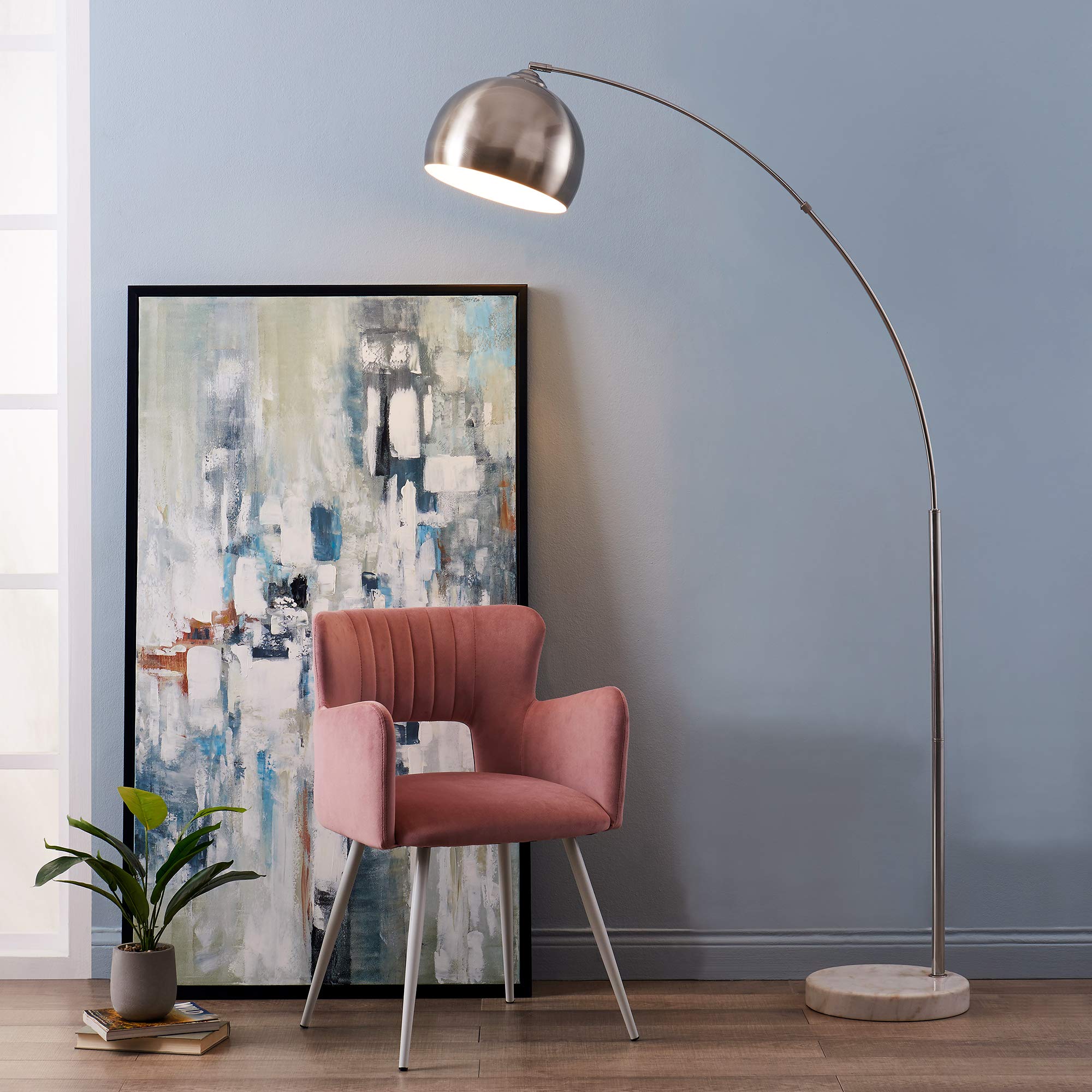 Teamson Home Arquer 68.1'' Arc Floor Lamp For Living Rooms, Home Offices, Dining Rooms, Bedrooms With Faux White Marble Base And