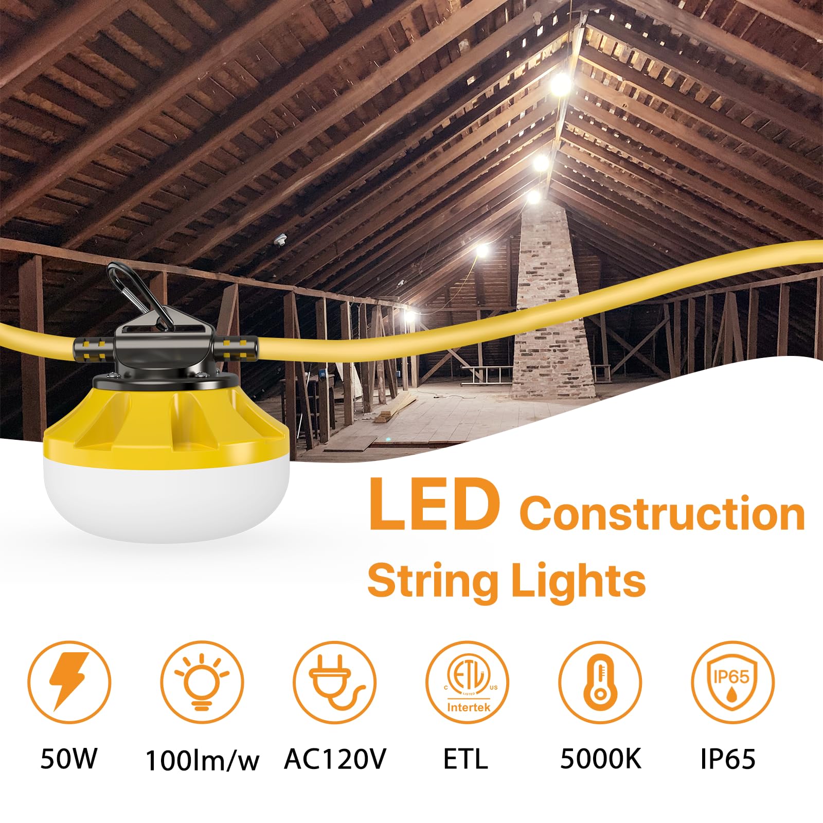 50Ft Construction String Lights: 50W String Work Lights With 5 Bulbs & Hooks, Ip65 Temporary Construction Lighting 5000K Linkable Hanging Work Light For Attic, Crawlspace, Basement, Backyard