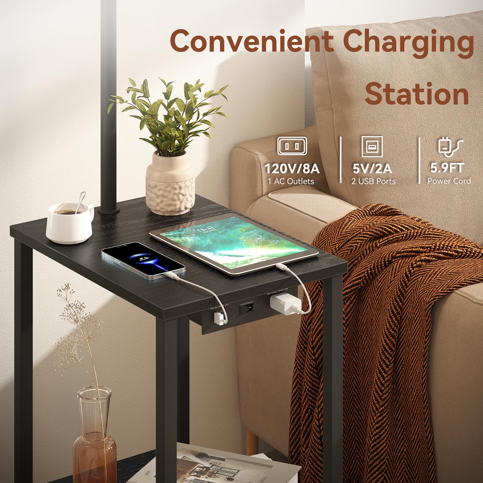 SUNMORY Floor Lamp with Table, 3 Color Temperature LED, Black, 15.75x11.81x59.06 inches, Model PFL-012A, Charging Station, Modern