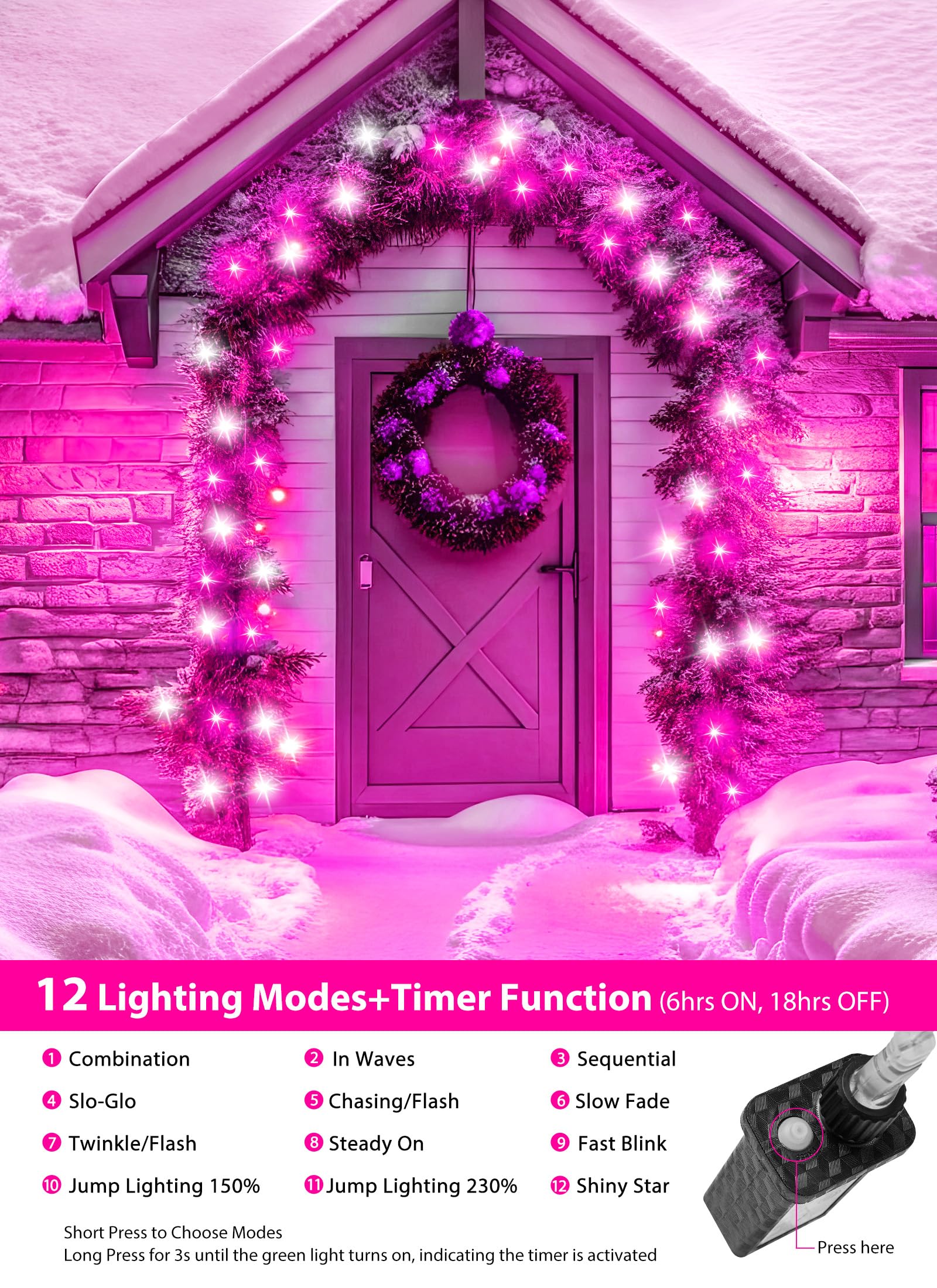 Minetom 200 LED Christmas Lights Outdoor Twinkle Fairy String Light, 10FT, Pink & Cool White, 12 Modes, Waterproof, Model DMO-S-200