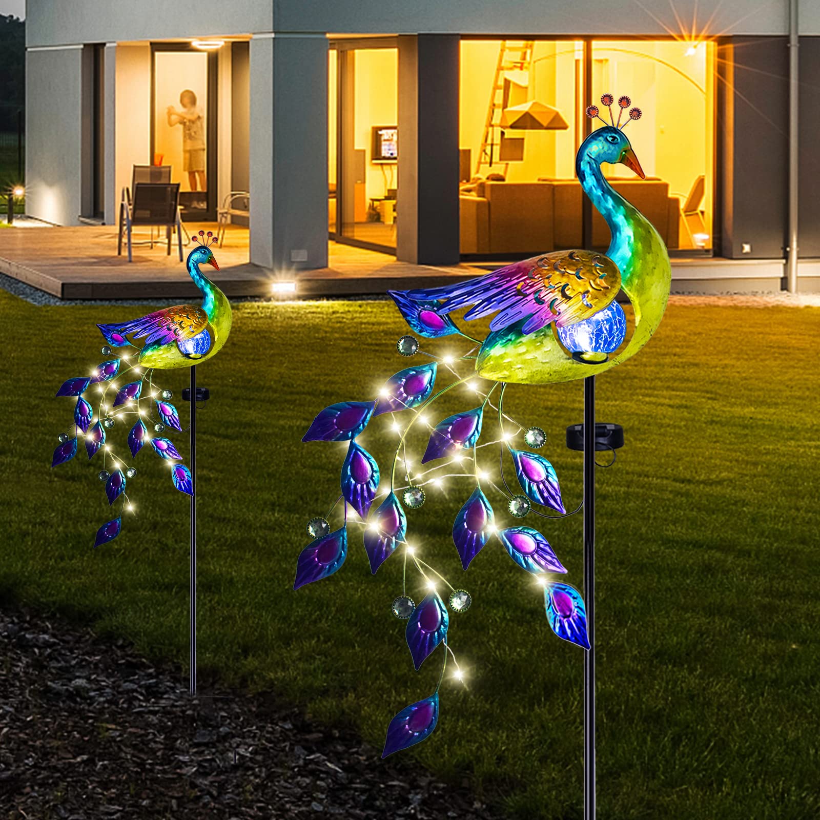 Dreamsoul Solar Garden Lights Outdoor, Metal Peacock Decor Solar Lights Garden Stakes With Led String Lights, Waterproof Crackle