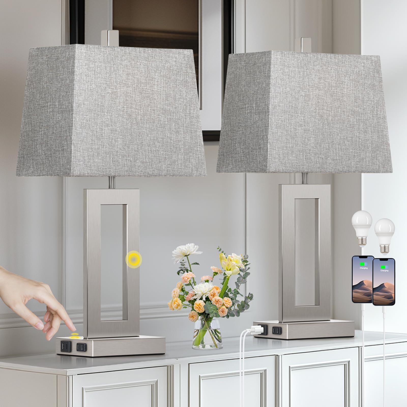 Cinkeda Touch Control Table Lamp Set of 2, Modern Silver Bedside Lamps with USB C+A Ports & AC Outlet, 3 Way Dimmable Bedroom La