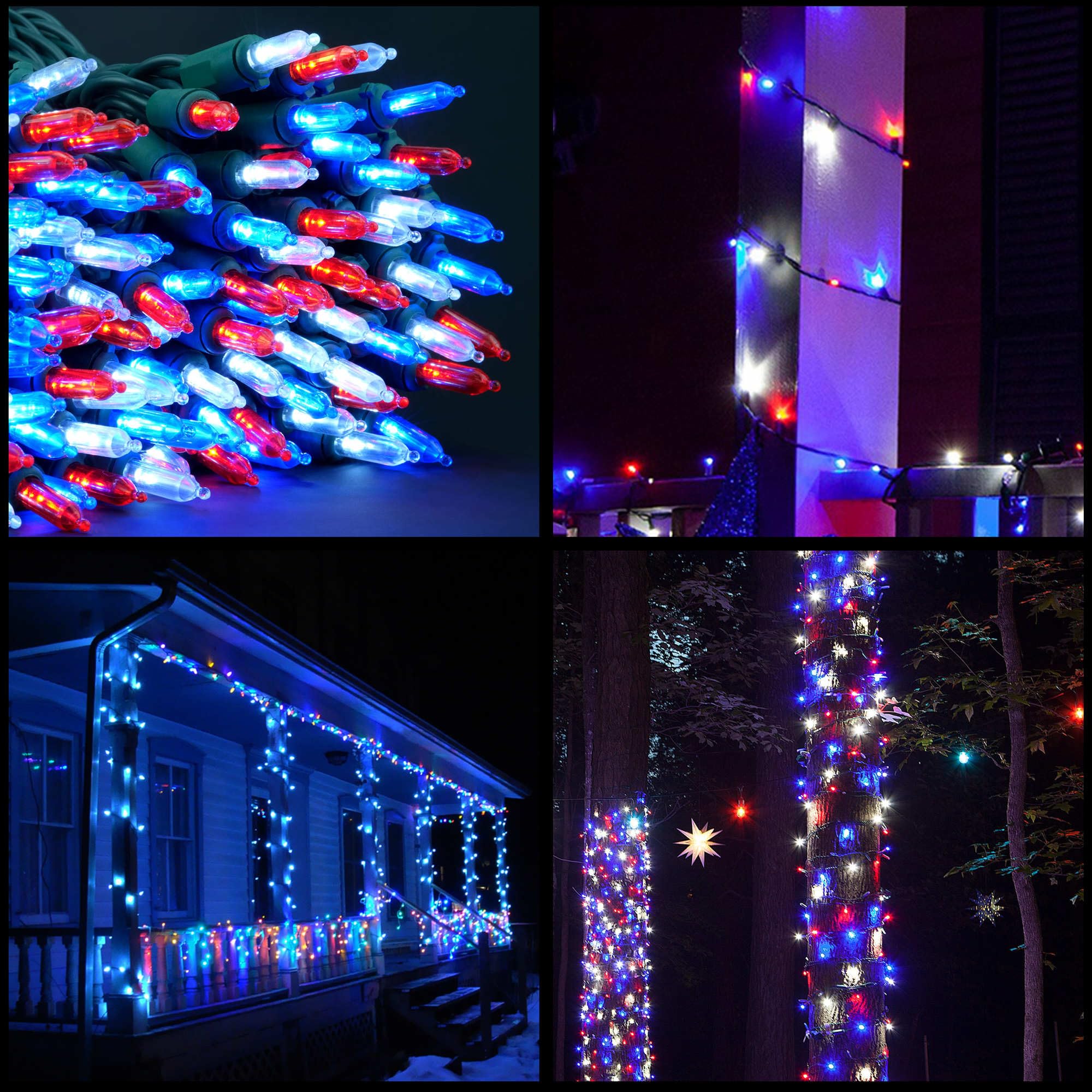 YULETIME 200 Red White & Blue Christmas Lights, 33 Feet, 100 Count, UL Certified, Copper Wire and Glass Bulbs