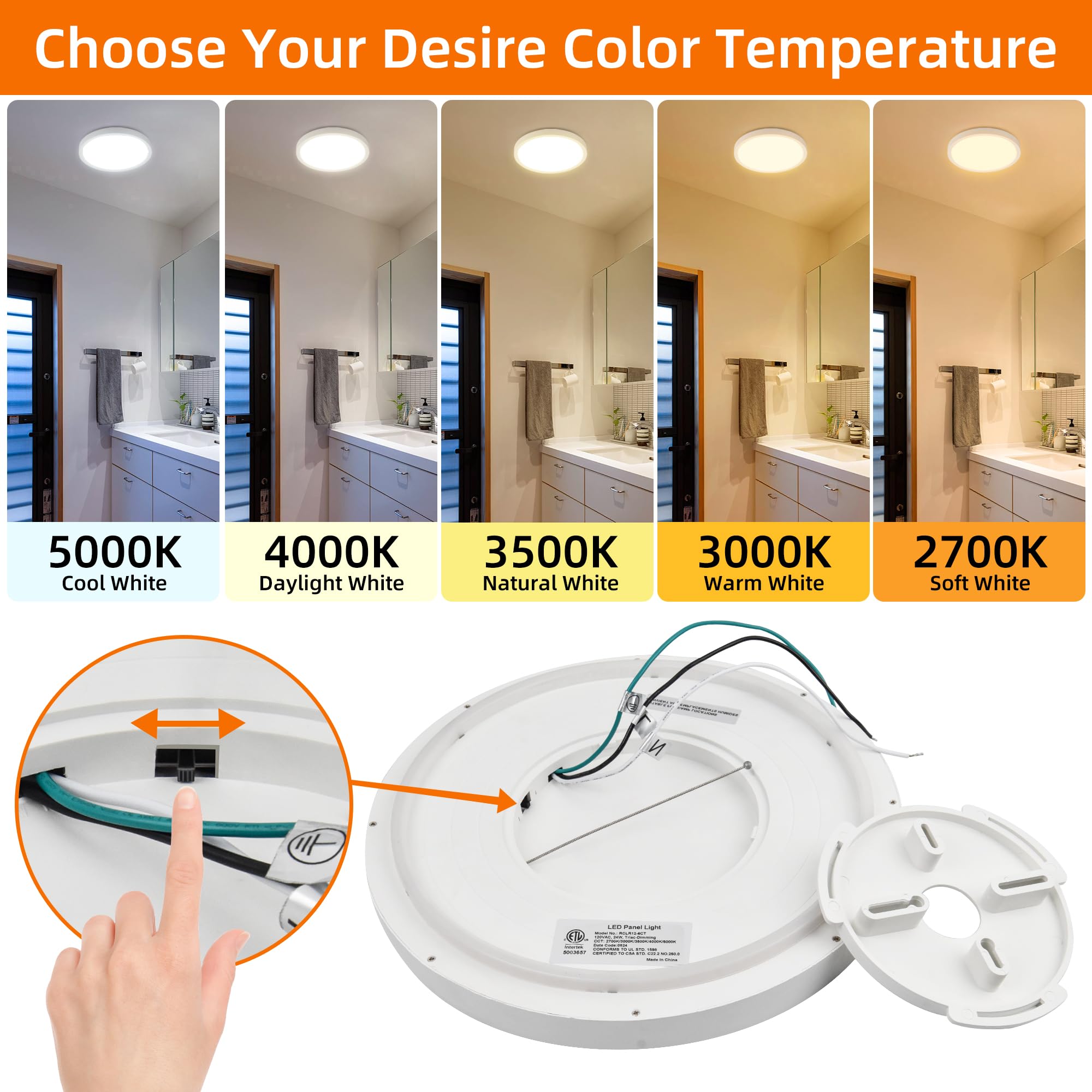 Hlite 12 Inch Flush Mount Led Ceiling Light With Night Light, 24W, 2400Lm, 3000K/4000K/5000K Selectable, Flat Lights For Ceiling, Dimmable Led Ceiling Light For Bedroom, Kitchen, White(1Pack)