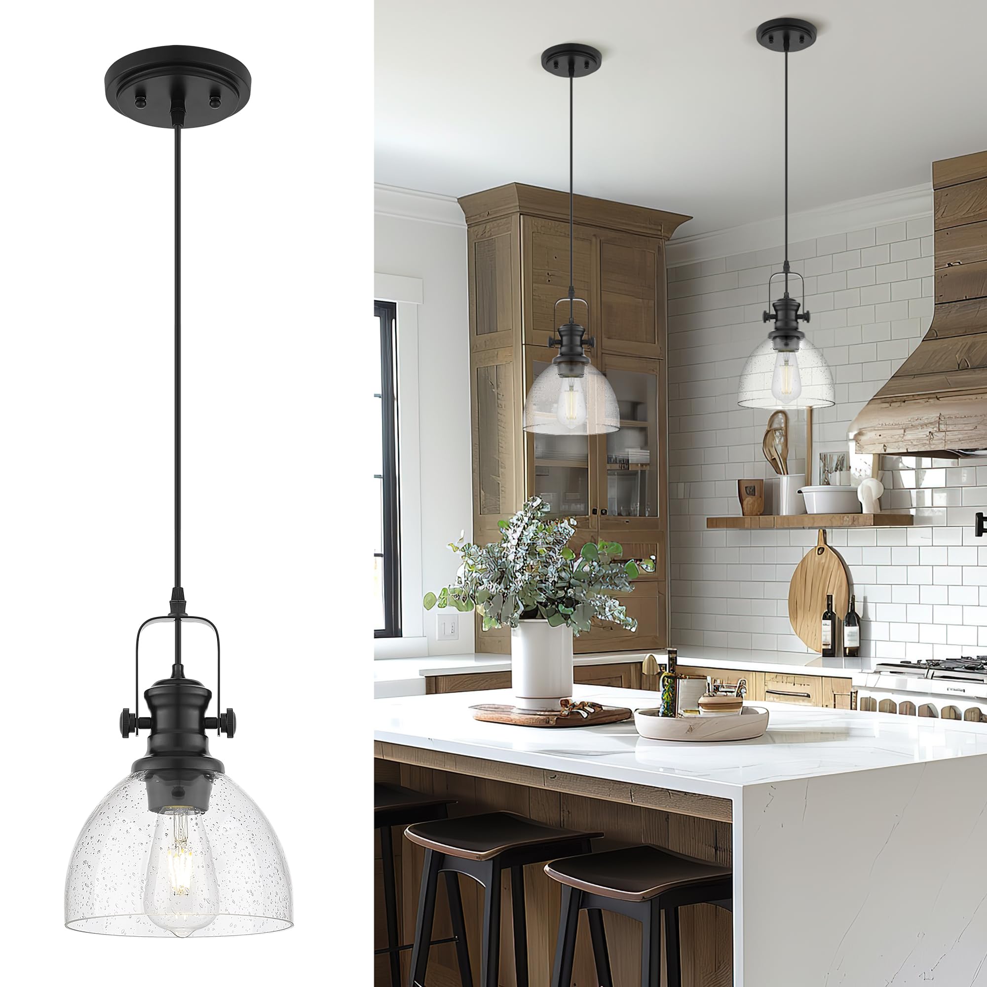 Audickic Black Pendant Lights Kitchen Island, 7.5" Farmhouse Pendant Lighting With Clear Seeded Glass Shade, Vintage Hanging Light Fixtures For Dining Room, Ad-22151-1P-Bk