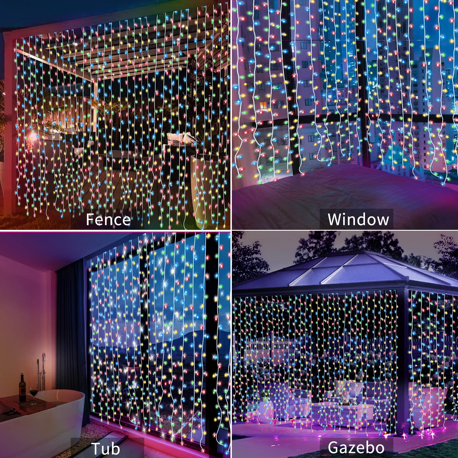 LiyuanQ Solar Curtain Lights, 300 LED, 8 Modes, Waterproof, 2 Pack, Multicolor