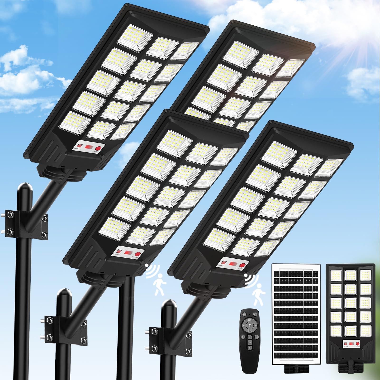 Brightever Solar Street Lights, 25000LM 8500K Waterproof, Motion Sensor, Remote Control, 4-Pack, Black, Model SZ-24041