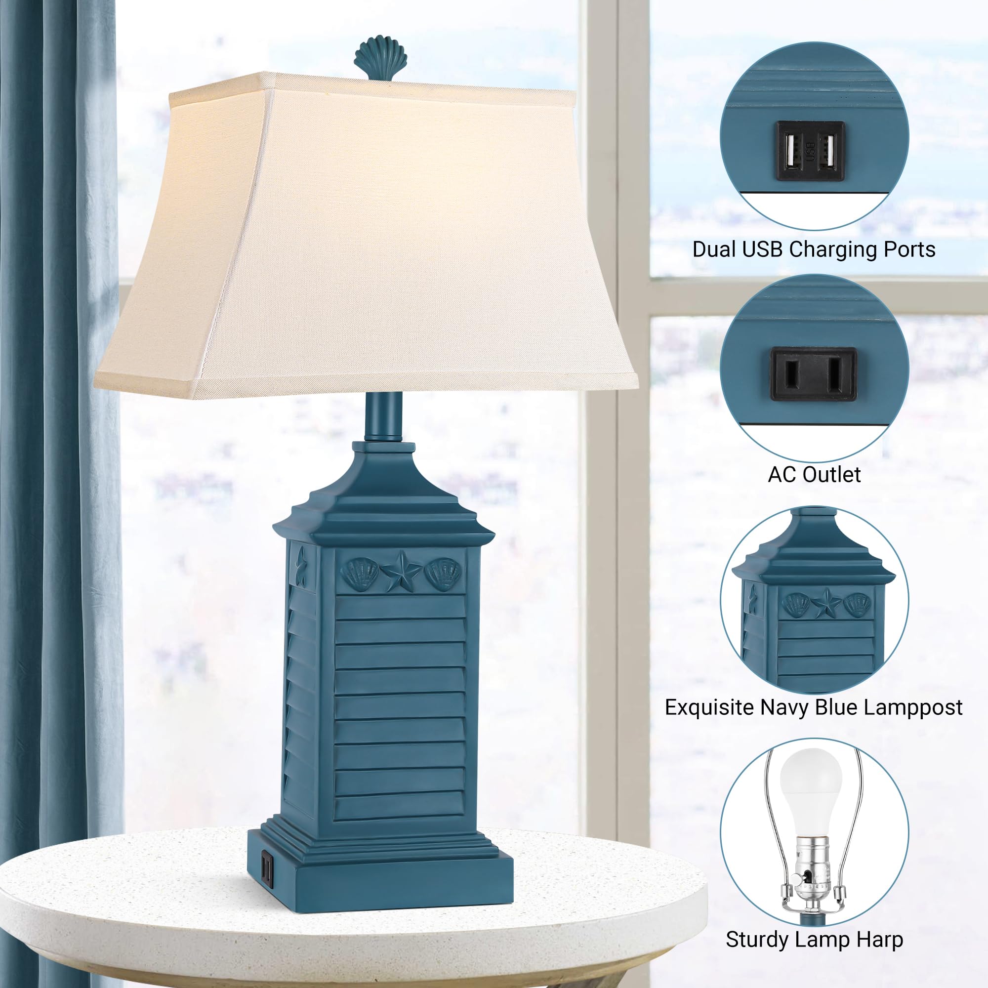 Hamucd Set of 2 Coastal Nautical Navy Blue Table Lamps with USB Ports & AC Outlet, Farmhouse LED Bulbs, Model HMLP278AD2