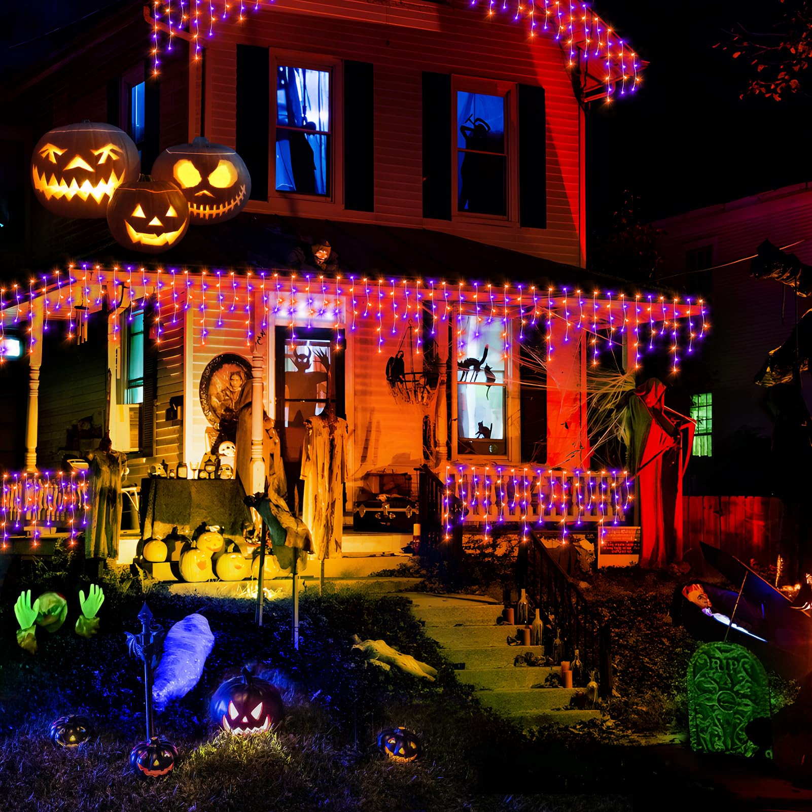 Knonew Christmas Lights Outdoor 1216 Led 99Ft Curtain Fairy String Light, 8 Modes, Clear Wire, Orange & Purple For Indoor/Outdoor Decor