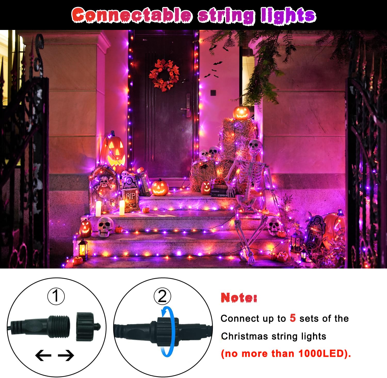 JMEXSUSS Halloween String Lights, 200 LED, 66ft, Waterproof, 8 Modes, Orange and Purple Connectable, Model EXS-S-0200