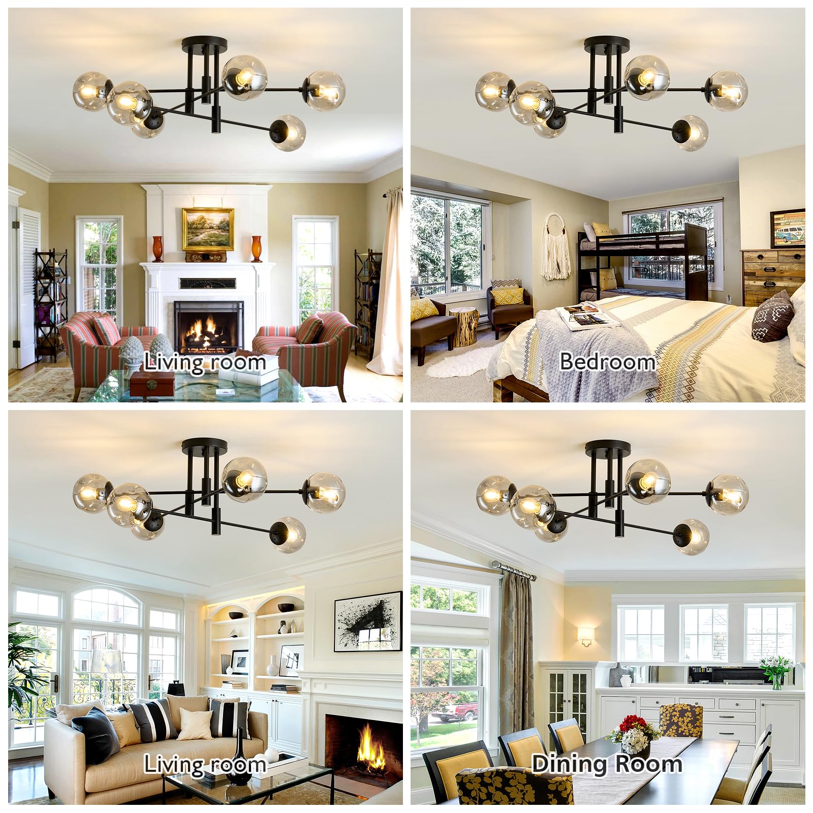 Szxykeji 6-Lights Glass Globe Sputnik Chandelier Modern Flush Mount Ceiling Light Fixture Black Farmhouse Lighting For Dining Ro