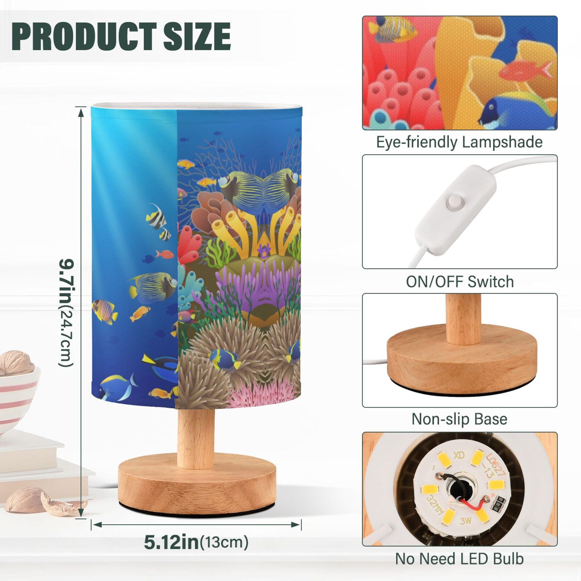 Yyzzh Table Lamp Underwater Sea Fish Coral Ocean Sunshine Nightstand Lamp With Wood Base Fabric Lamp Shade Bedside Desk Lamp For