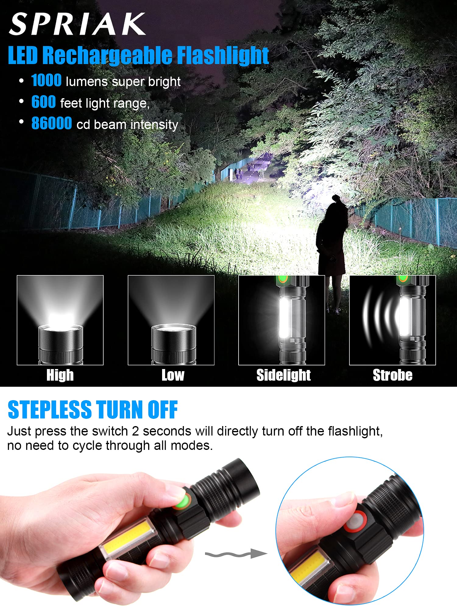 Spriak Rechargeable LED Flashlight, Super Bright, USB, Zoomable, Waterproof, 4.7 In, Black, Model SDT-USB006-P2